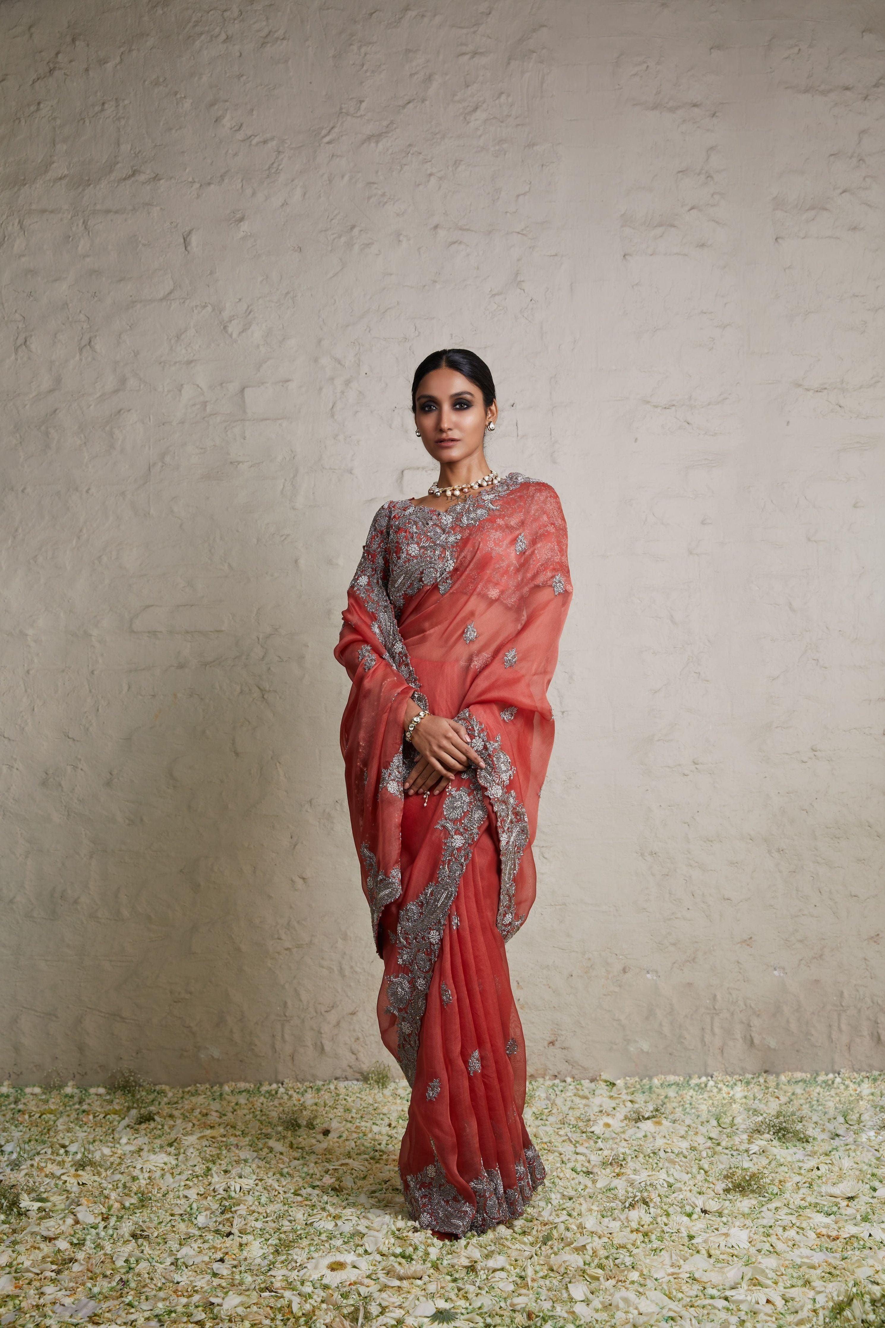 Burnt Orange Silk Blouse with Organza Saree  Mokshaa