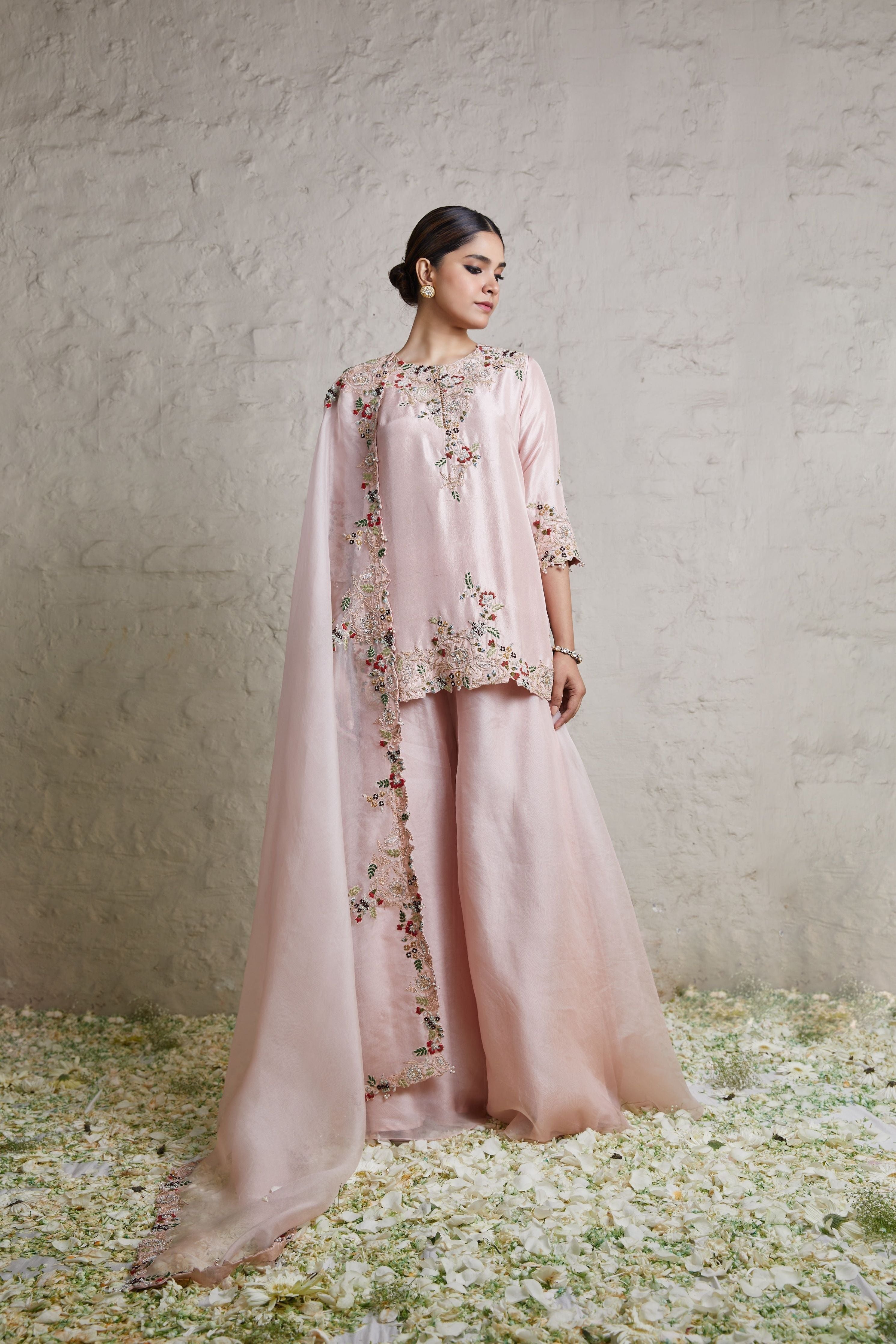 Flamingo silk kurta with organza sharara and organza dupatta Mokshaa