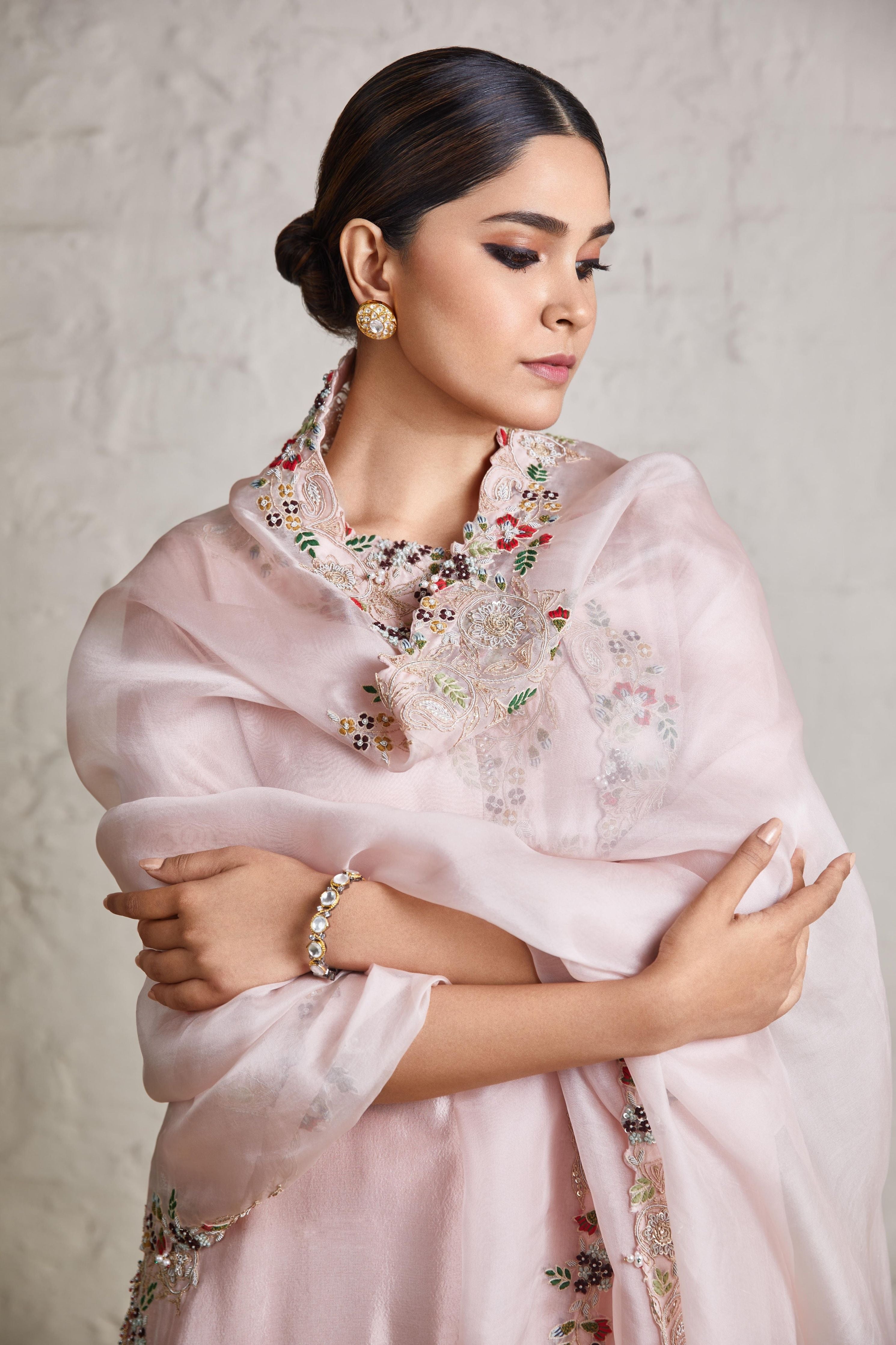 Flamingo silk kurta with organza sharara and organza dupatta Mokshaa