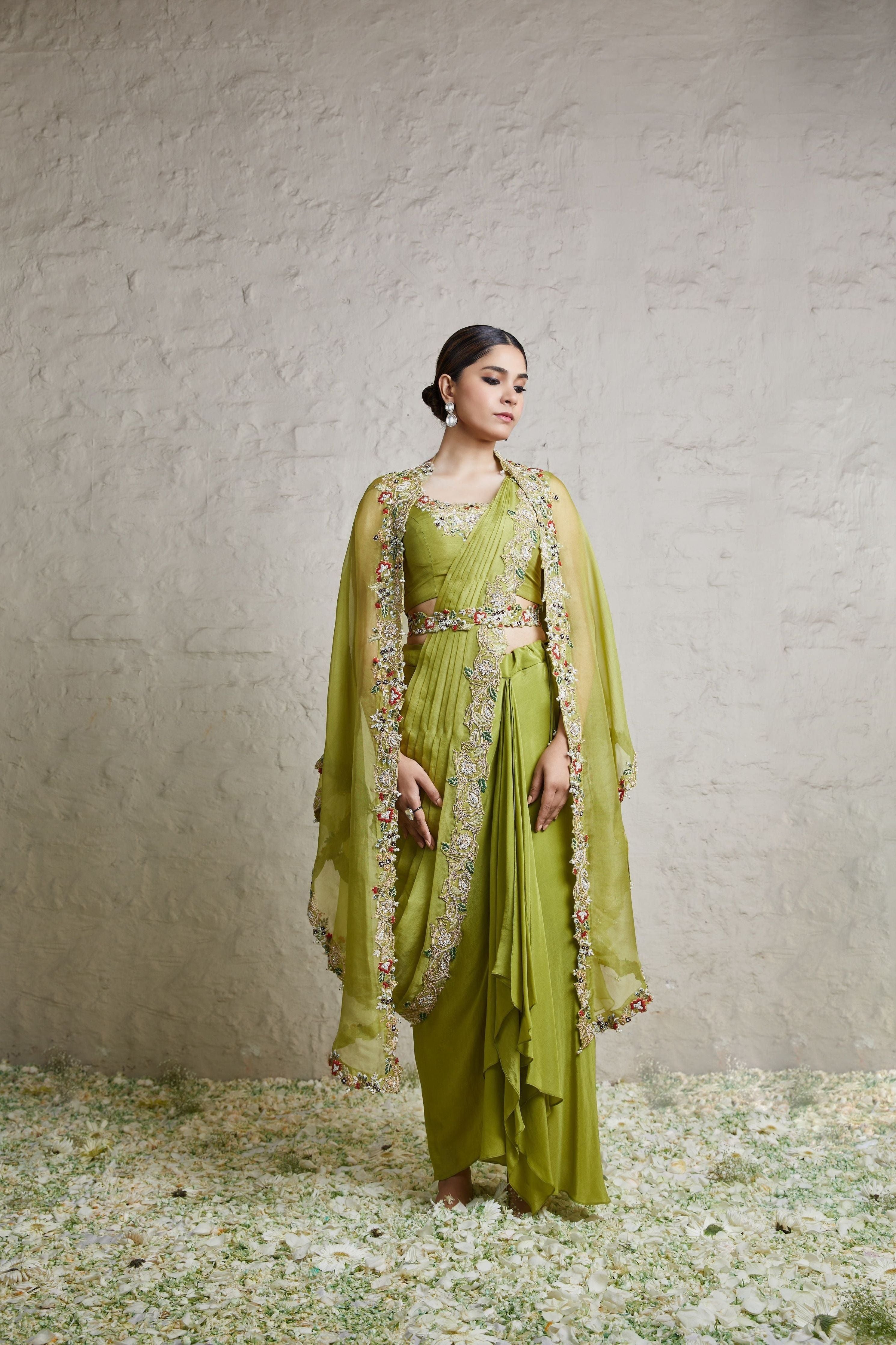 Like green silk blouse with organza drape, cape and crepe dhoti Mokshaa