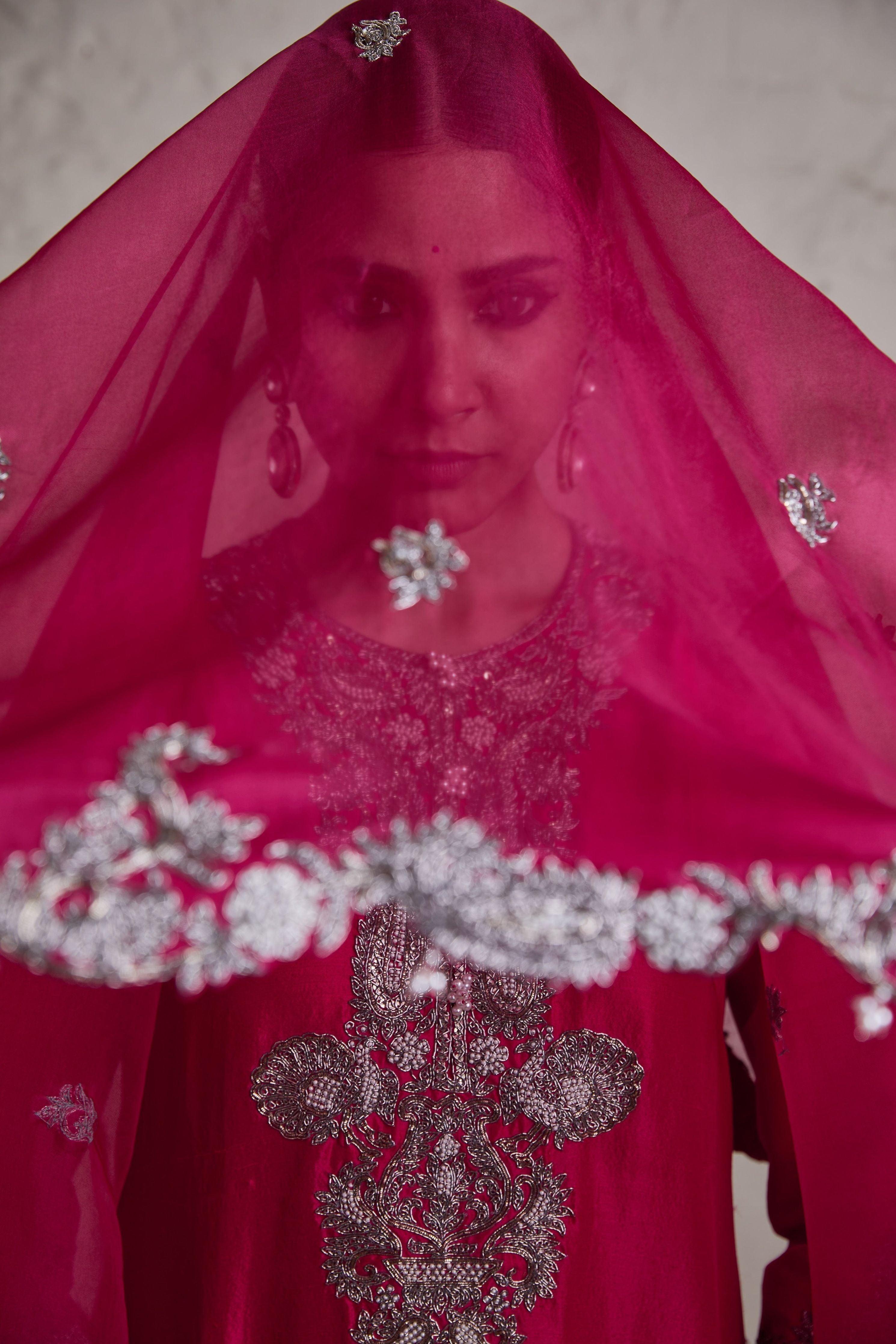 Fuscia silk kurta with organza sharara and dupatta  Mokshaa