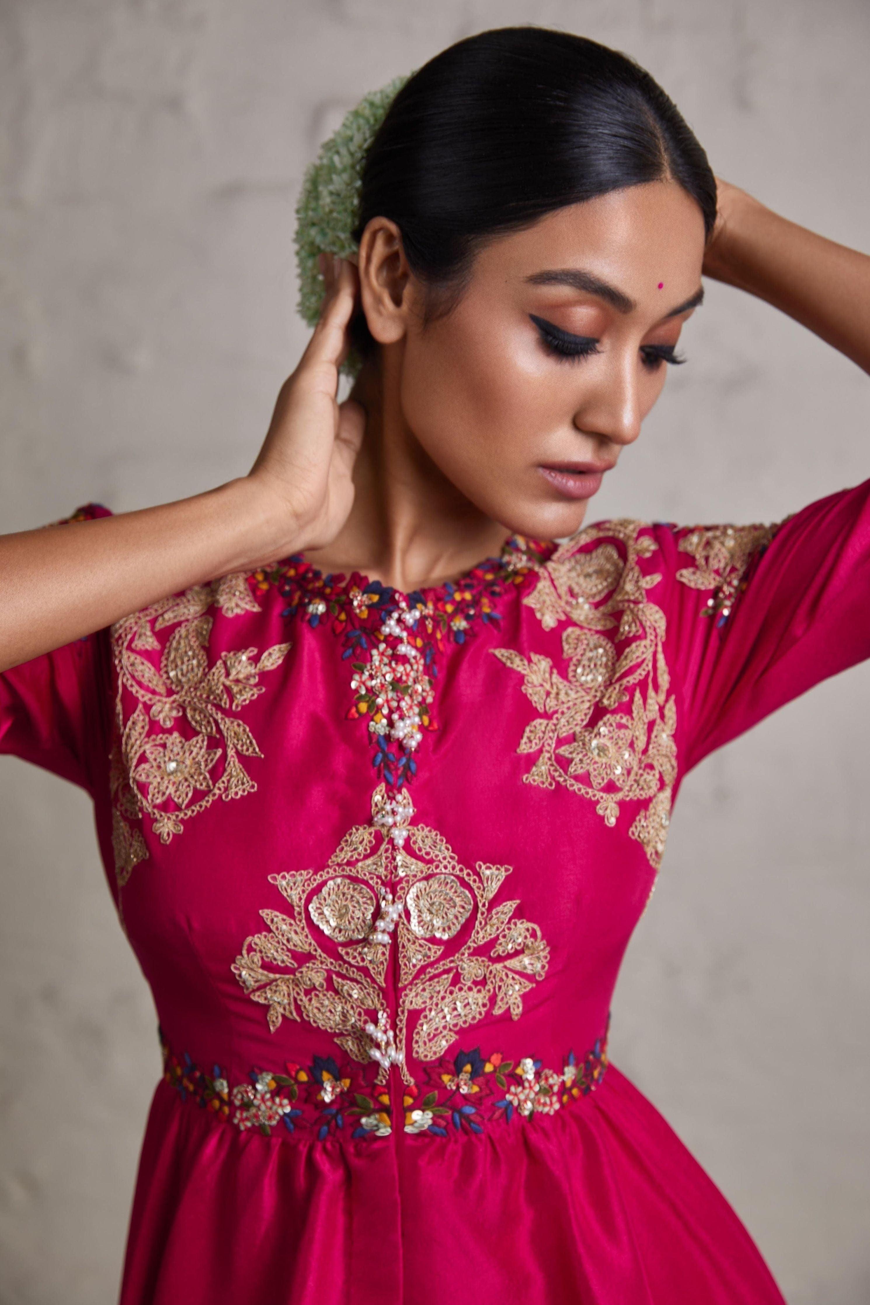 Fuscia silk peplum top with crepe dhoti  Mokshaa