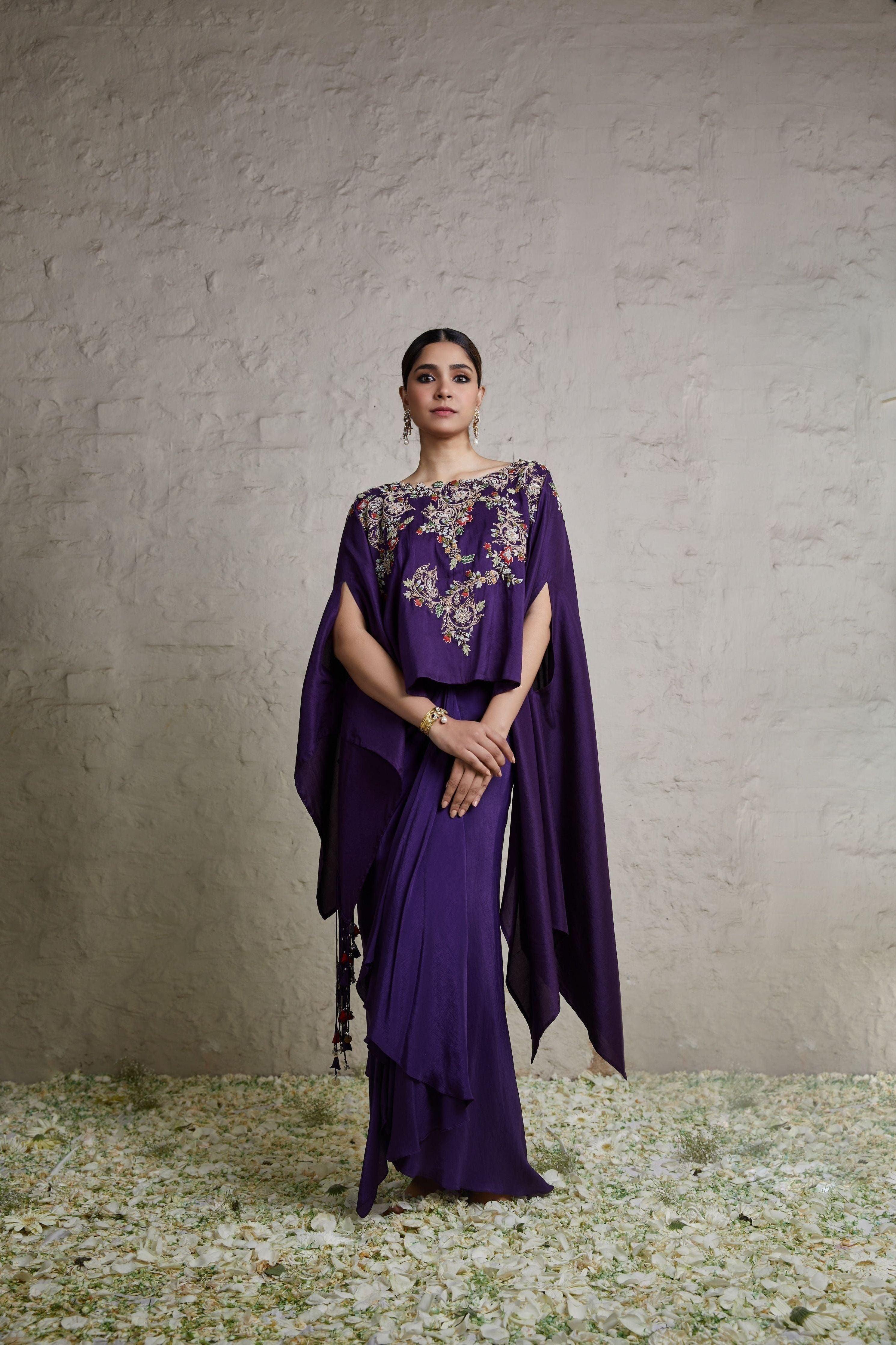 Aubergine silk kaftaan with crepe dhoti Mokshaa