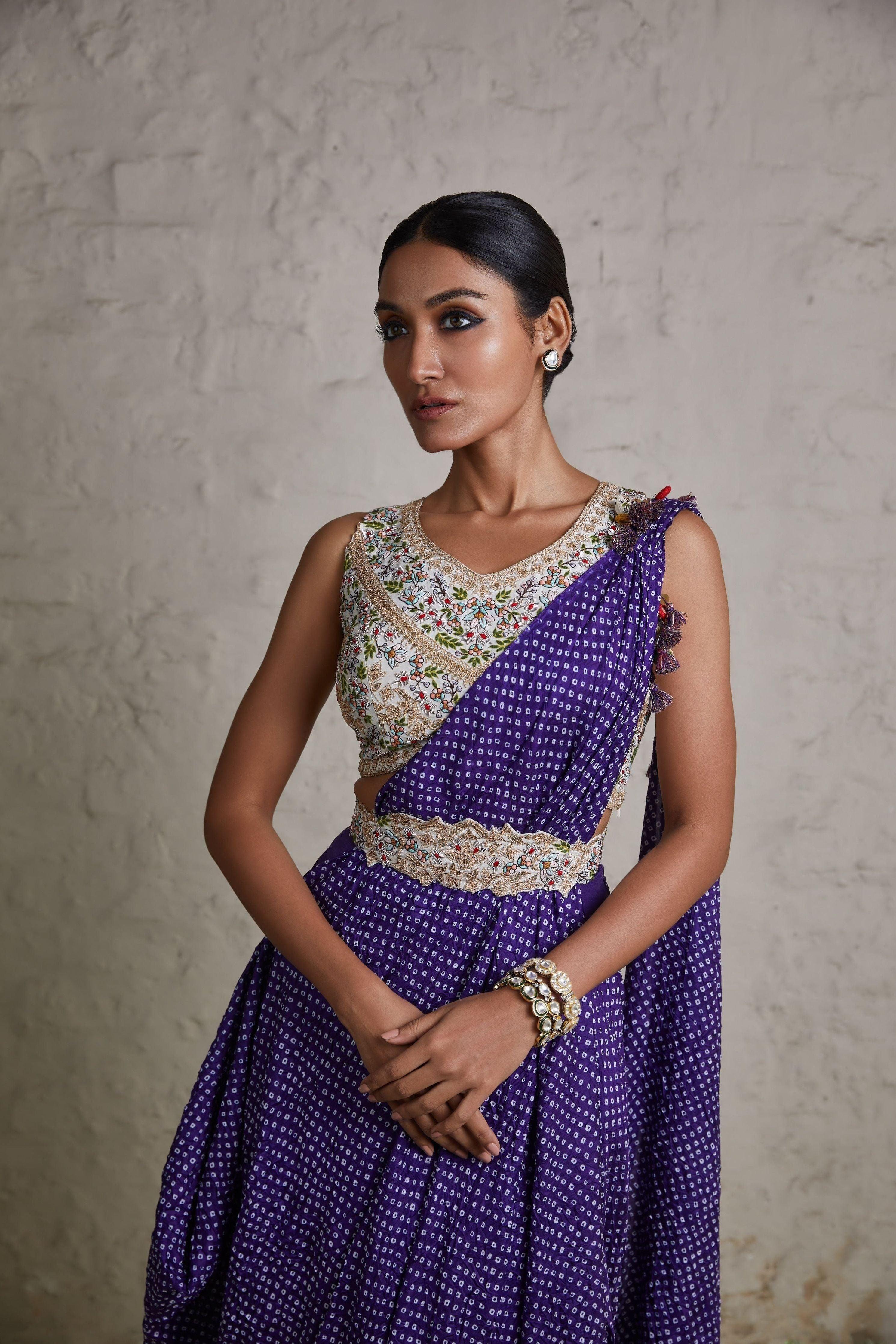 Aubergine silk blouse with bandhej skirt and drape Mokshaa