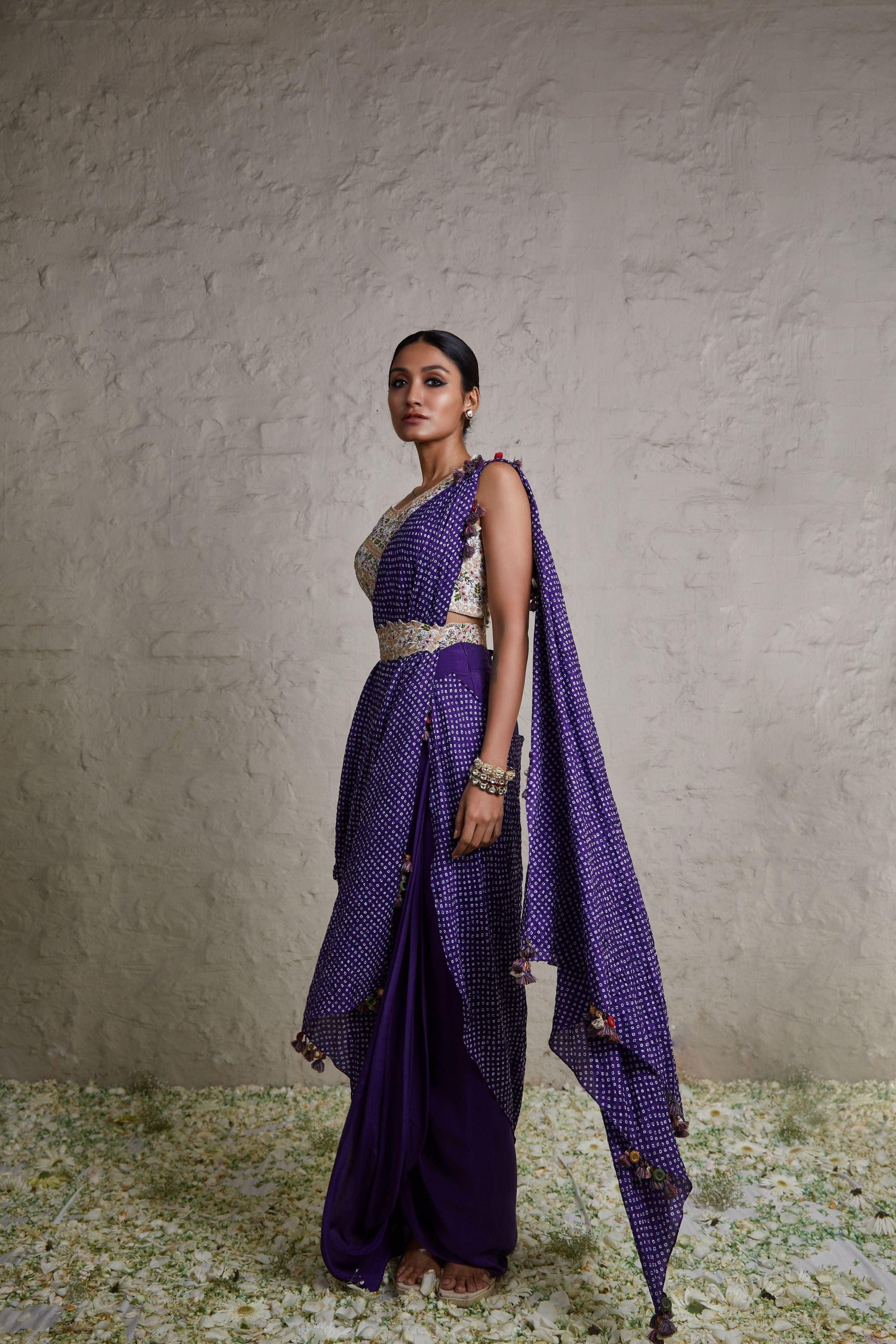 Aubergine silk blouse with bandhej skirt and drape Mokshaa