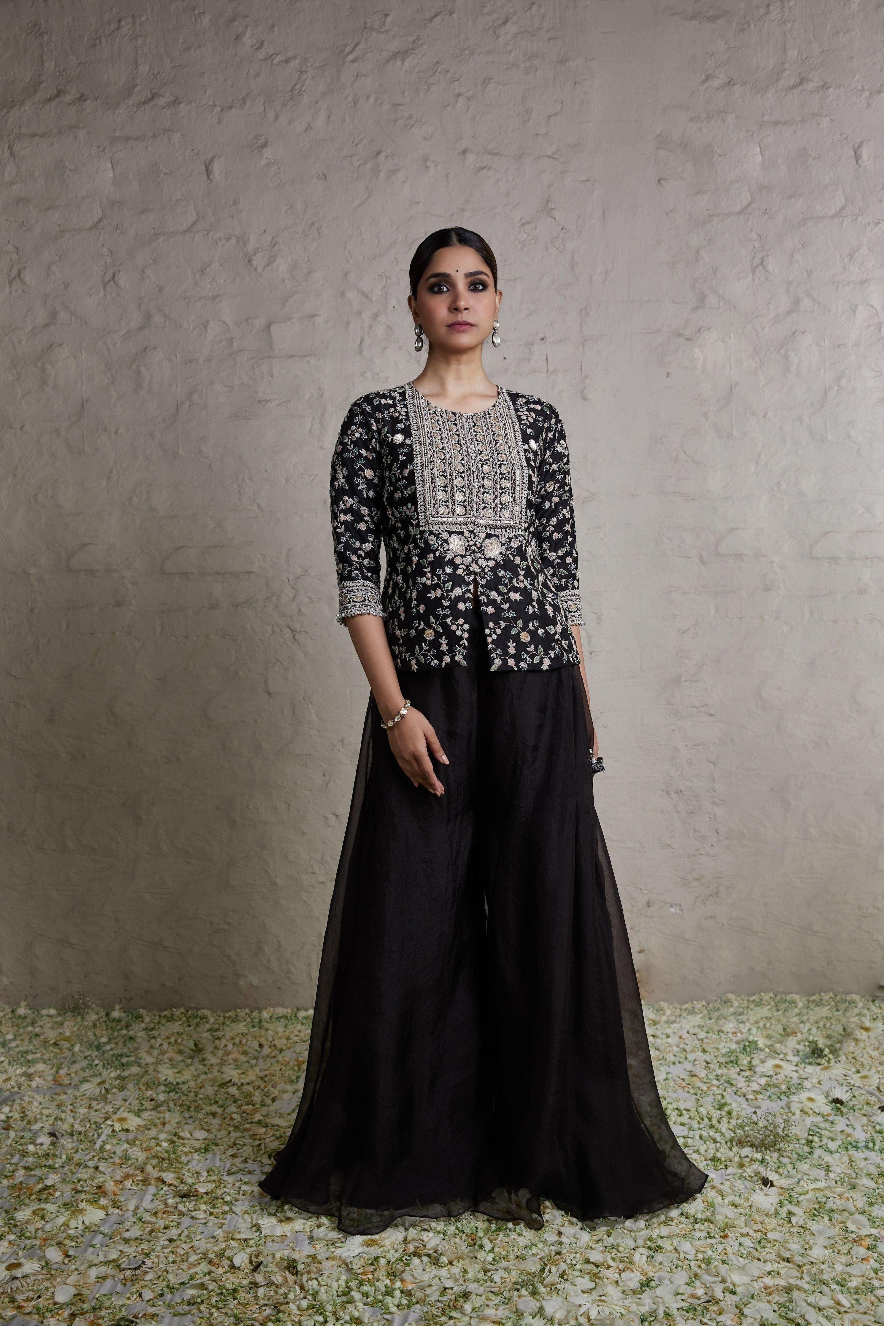 Black silk blouse with organza sharara  Mokshaa