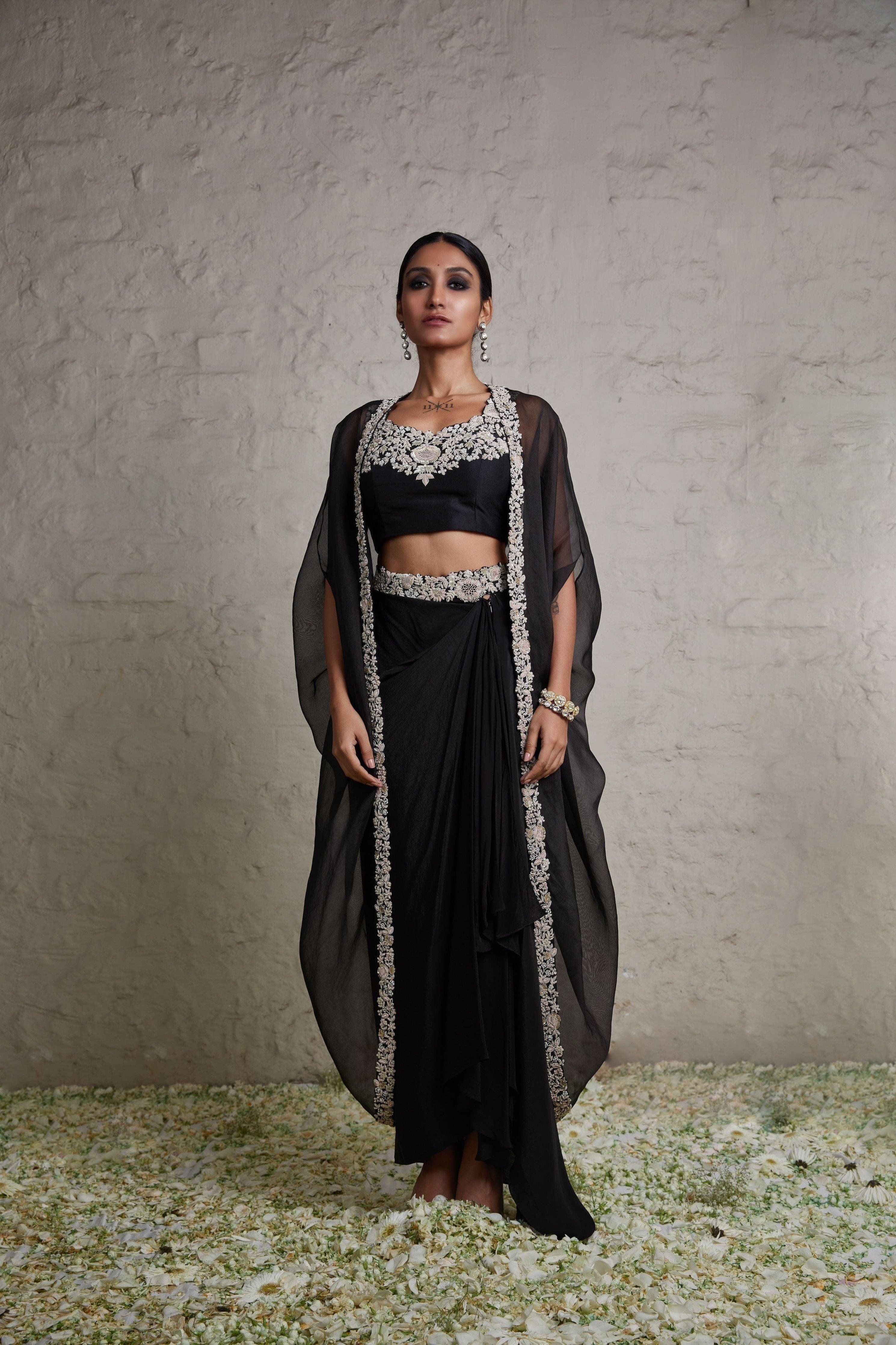 Black silk blouse with organza cape and crepe skirt Mokshaa