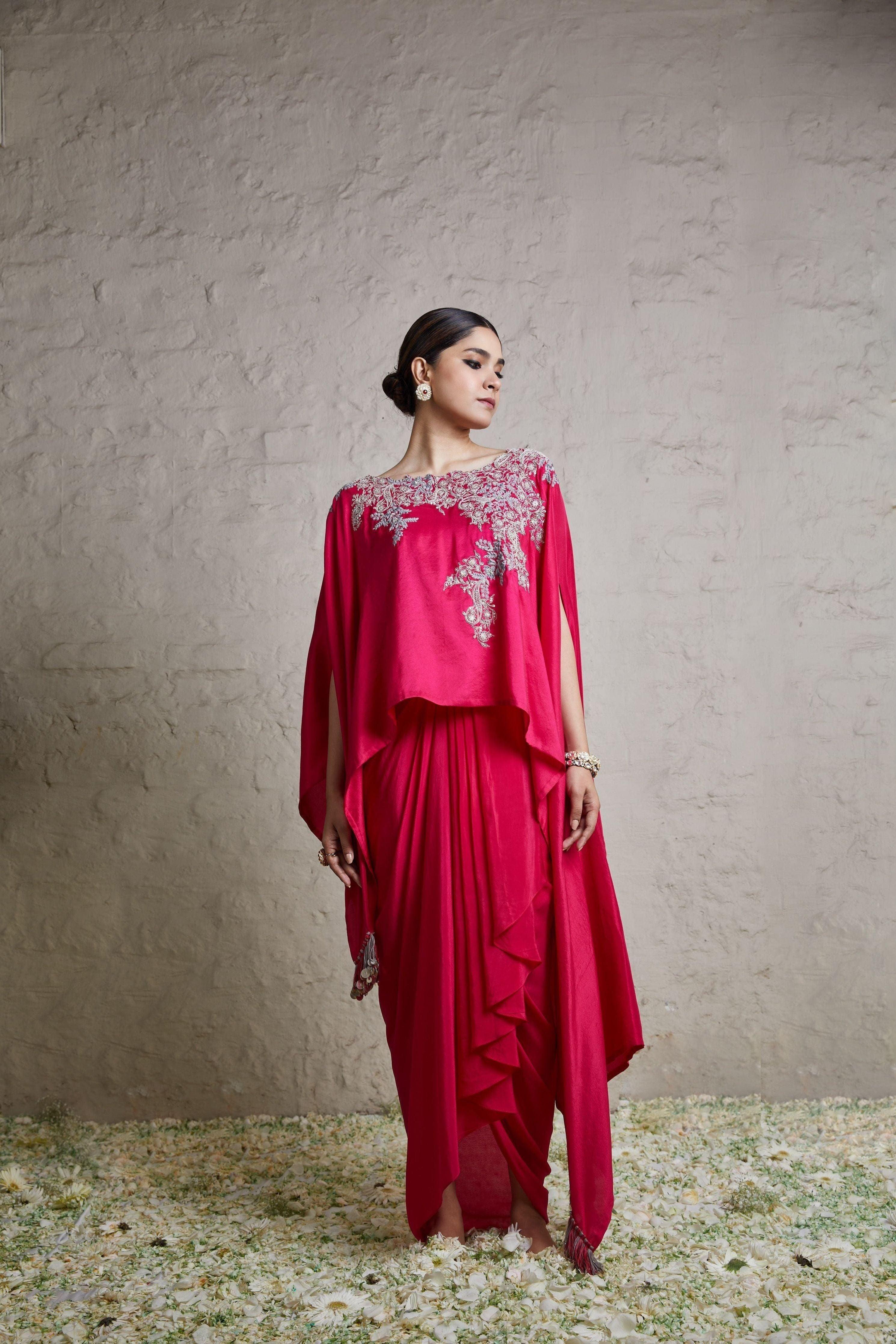 Fuscia silk kaftaan with crepe dhoti  Mokshaa