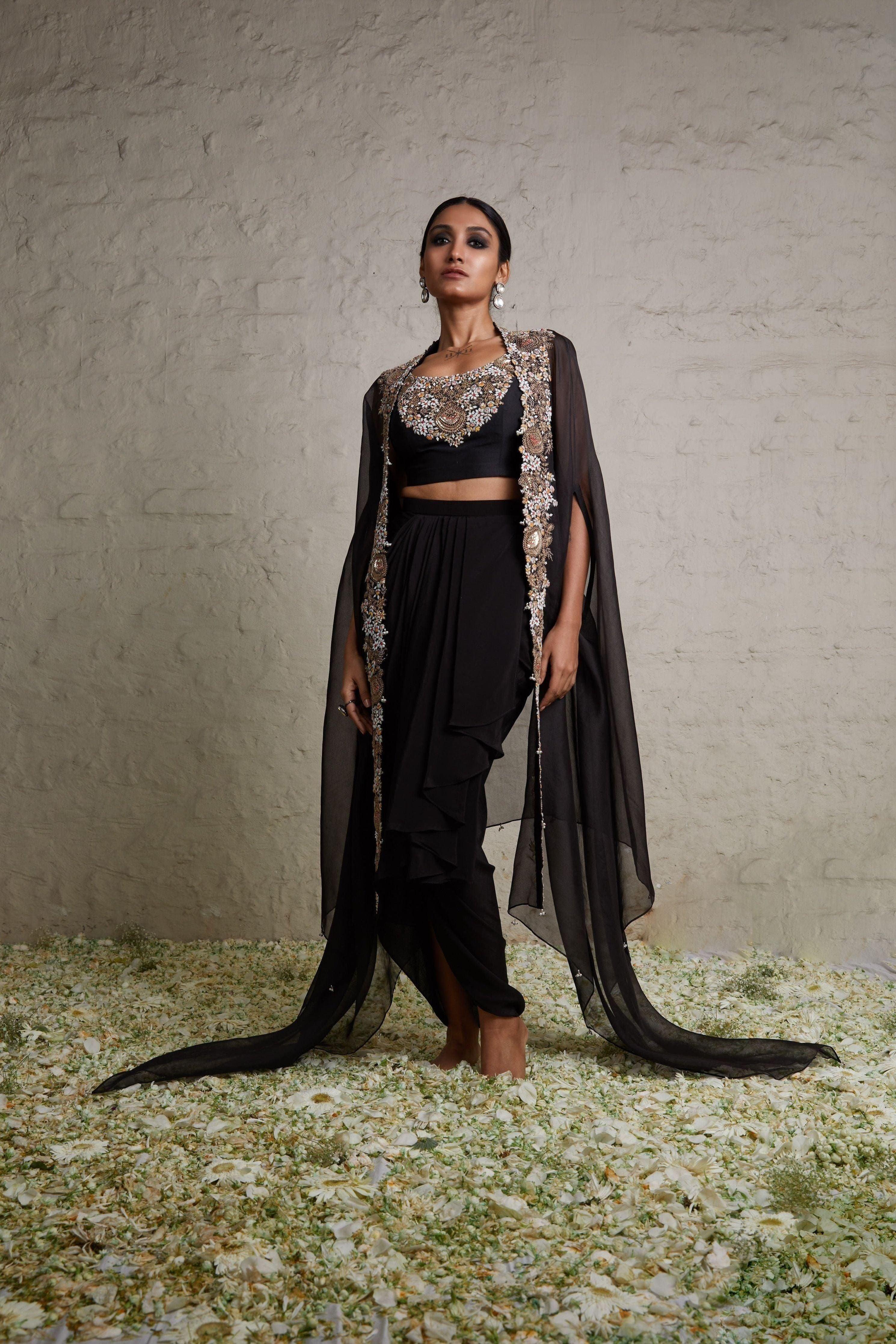 Black silk blouse with organza cape and crepe skirt Mokshaa