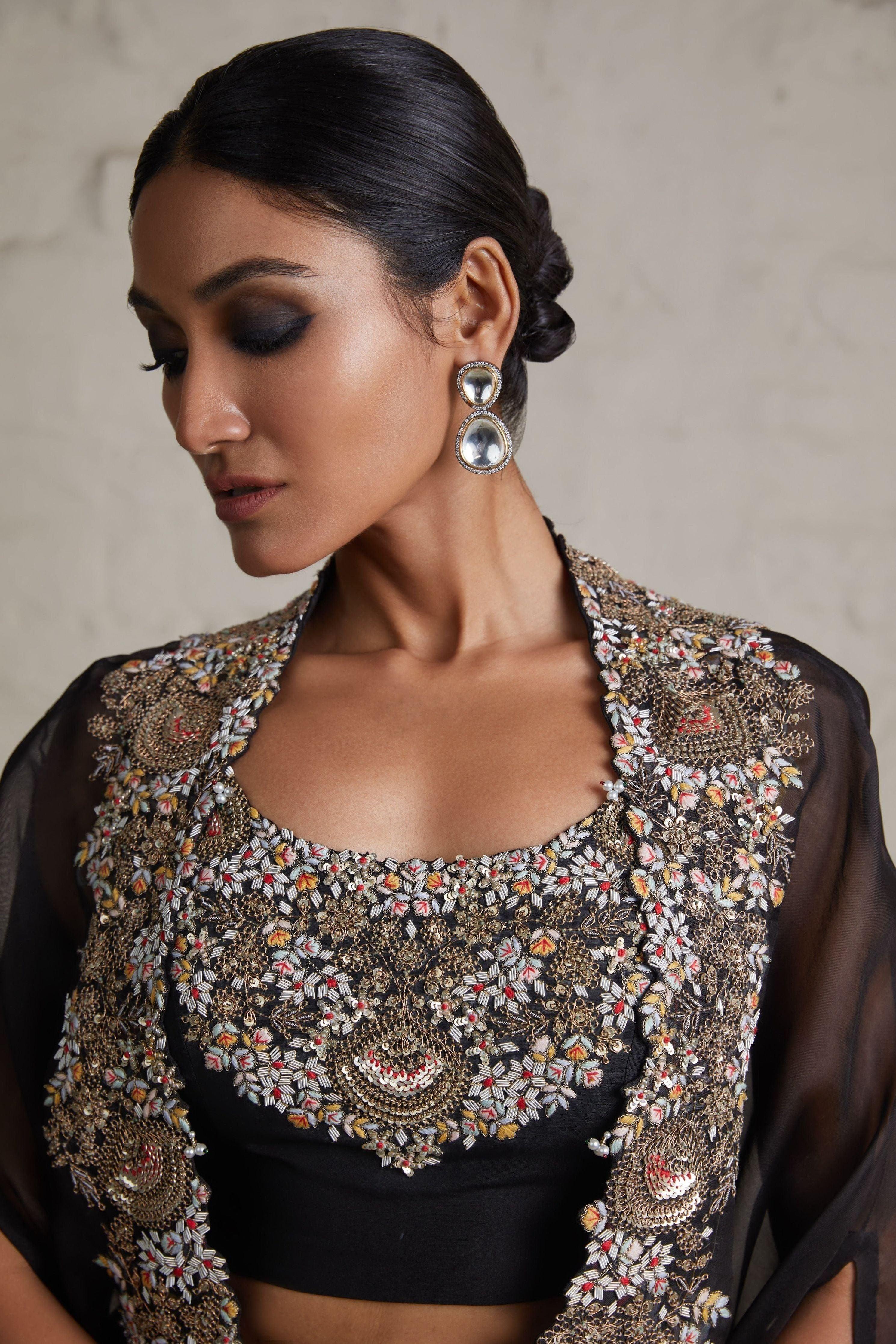 Black silk blouse with organza cape and crepe skirt Mokshaa