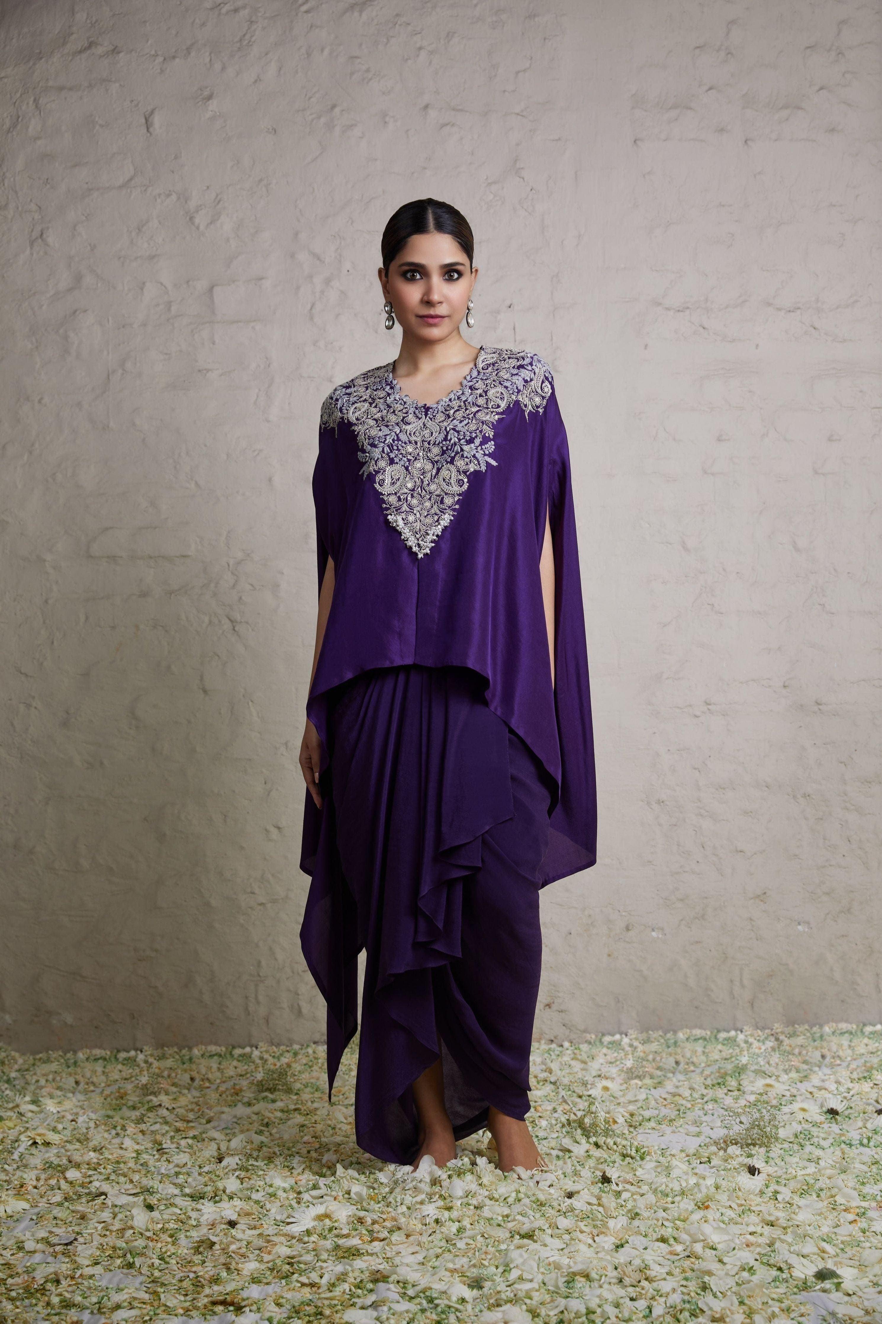 Aubergine silk kaftaan with crepe dhoti Mokshaa