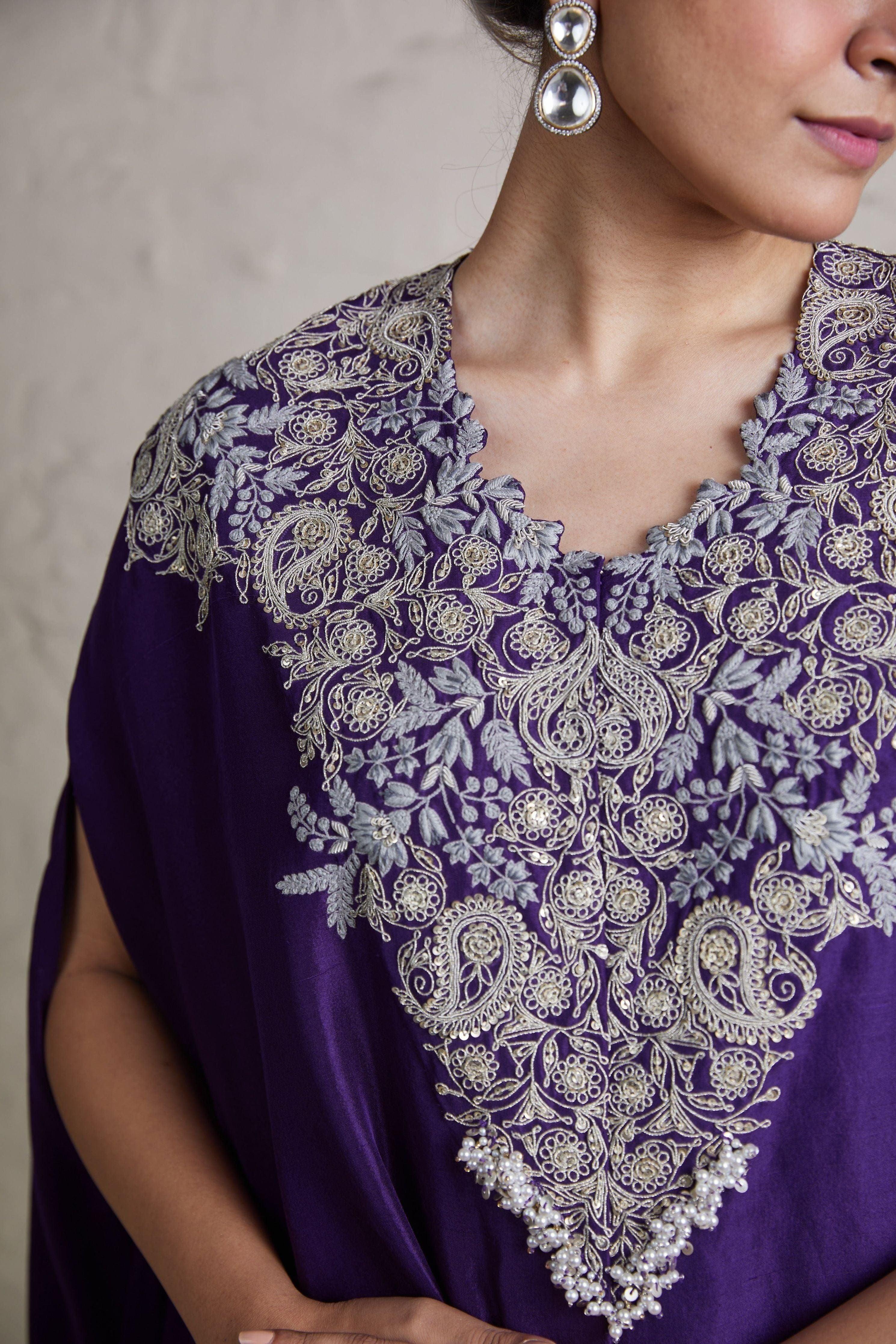 Aubergine silk kaftaan with crepe dhoti Mokshaa