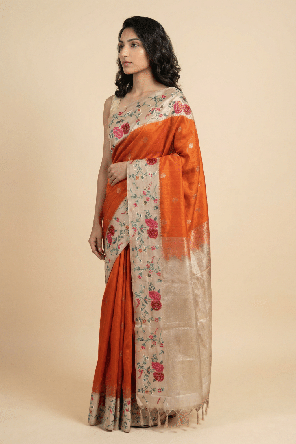 Orange Soft Silk Saree with Floral Cross-Stitch Border