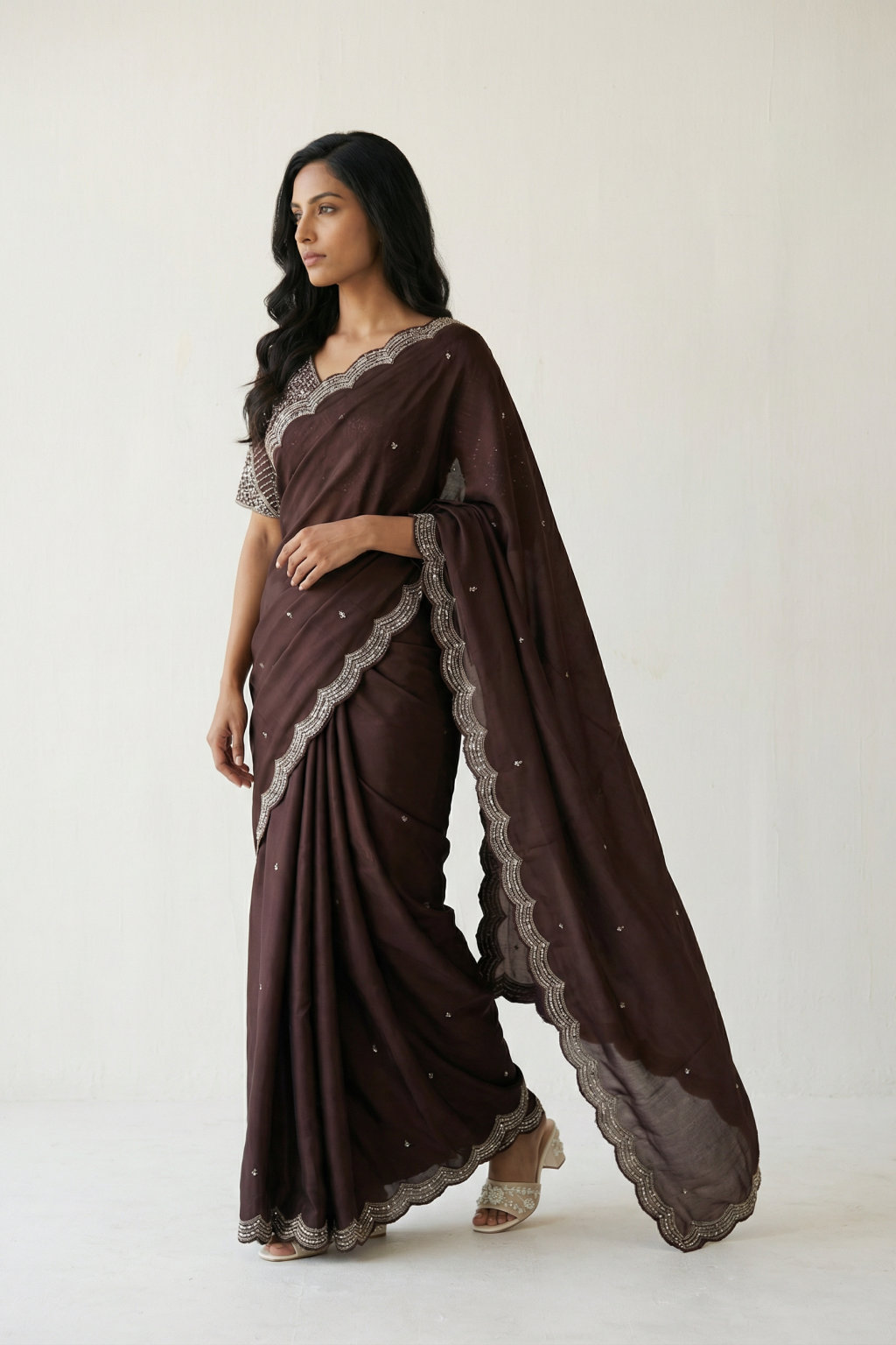 Chocolate Brown Satin Saree Sequins and Beads Border