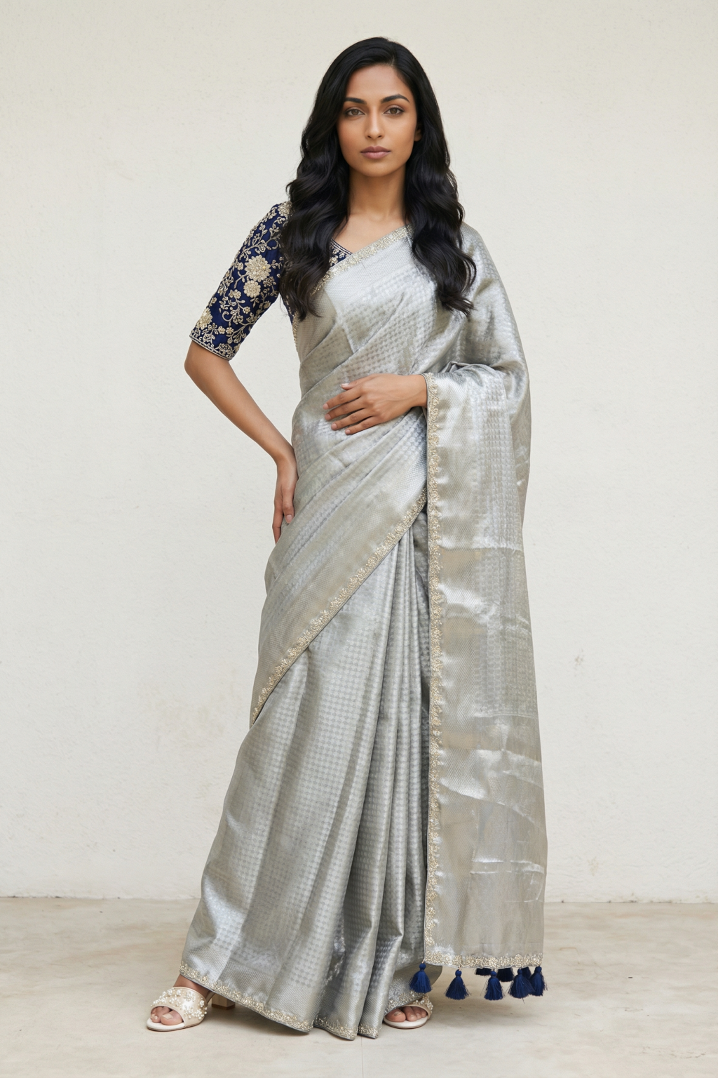 Silver Blue Tissue Saree with Sequins & Pearl Border with Ready-Made Contrast Blue Blouse