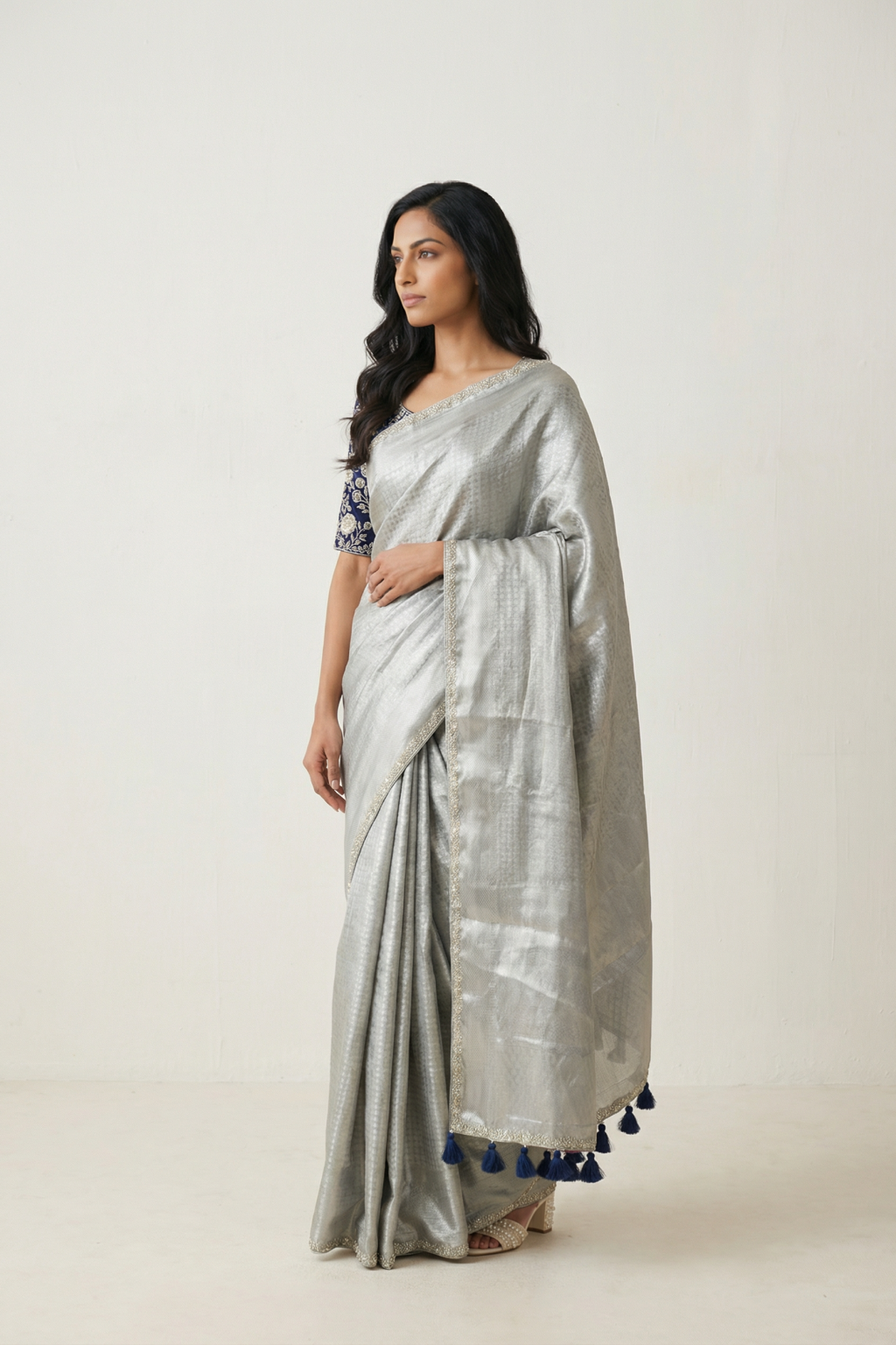Silver Blue Tissue Saree with Sequins & Pearl Border with Ready-Made Contrast Blue Blouse