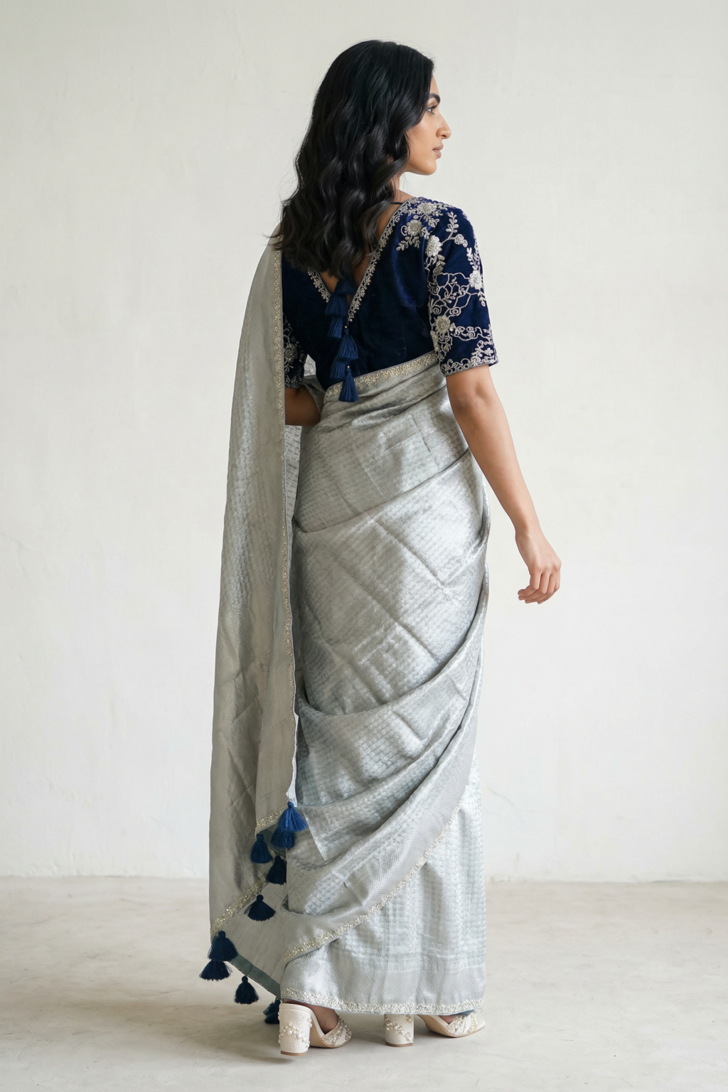 Silver Blue Tissue Saree with Sequins & Pearl Border with Ready-Made Contrast Blue Blouse