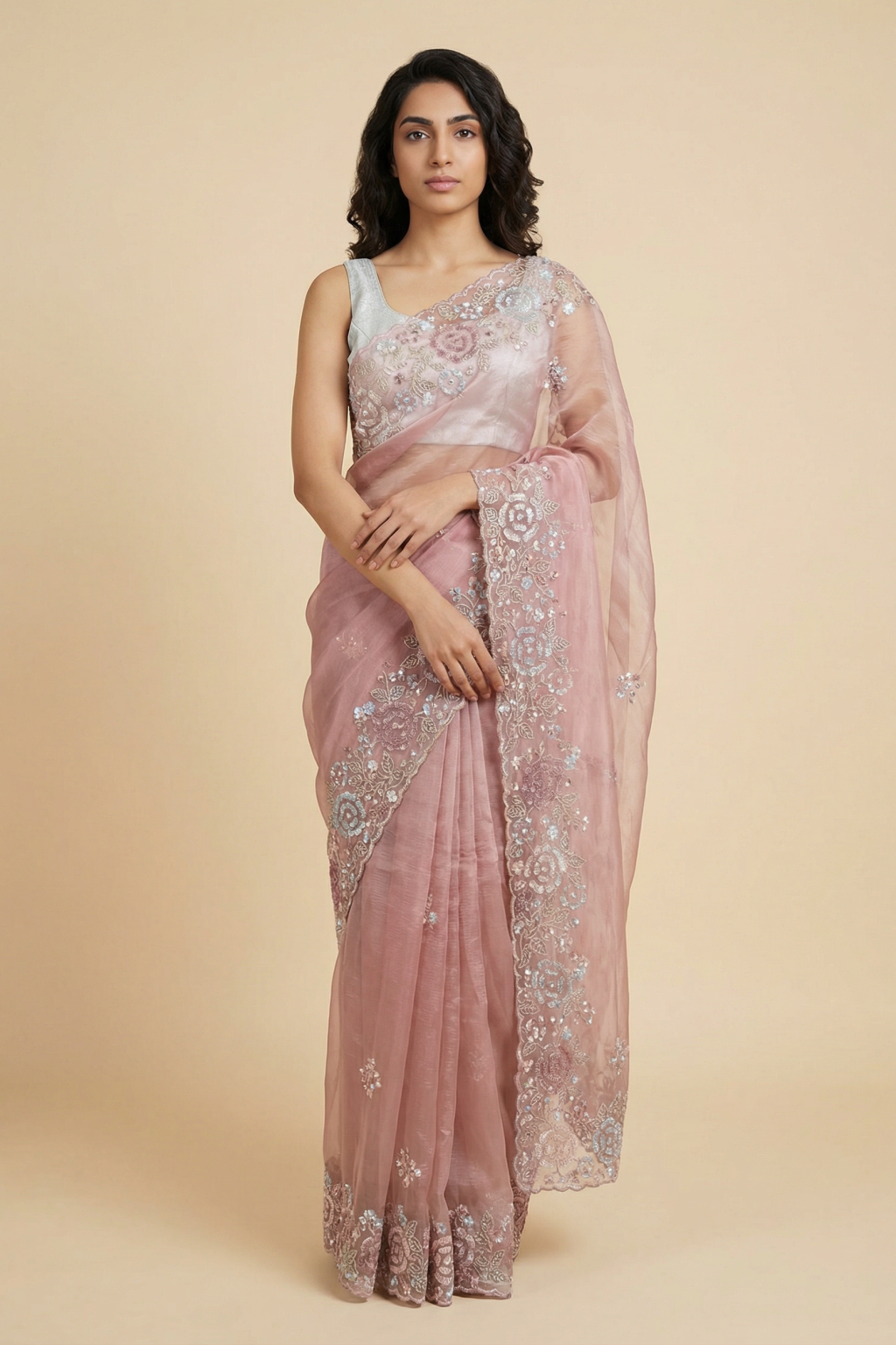 Blush Pink Organza Saree with Sequin and Kardhana Embroidered Border
