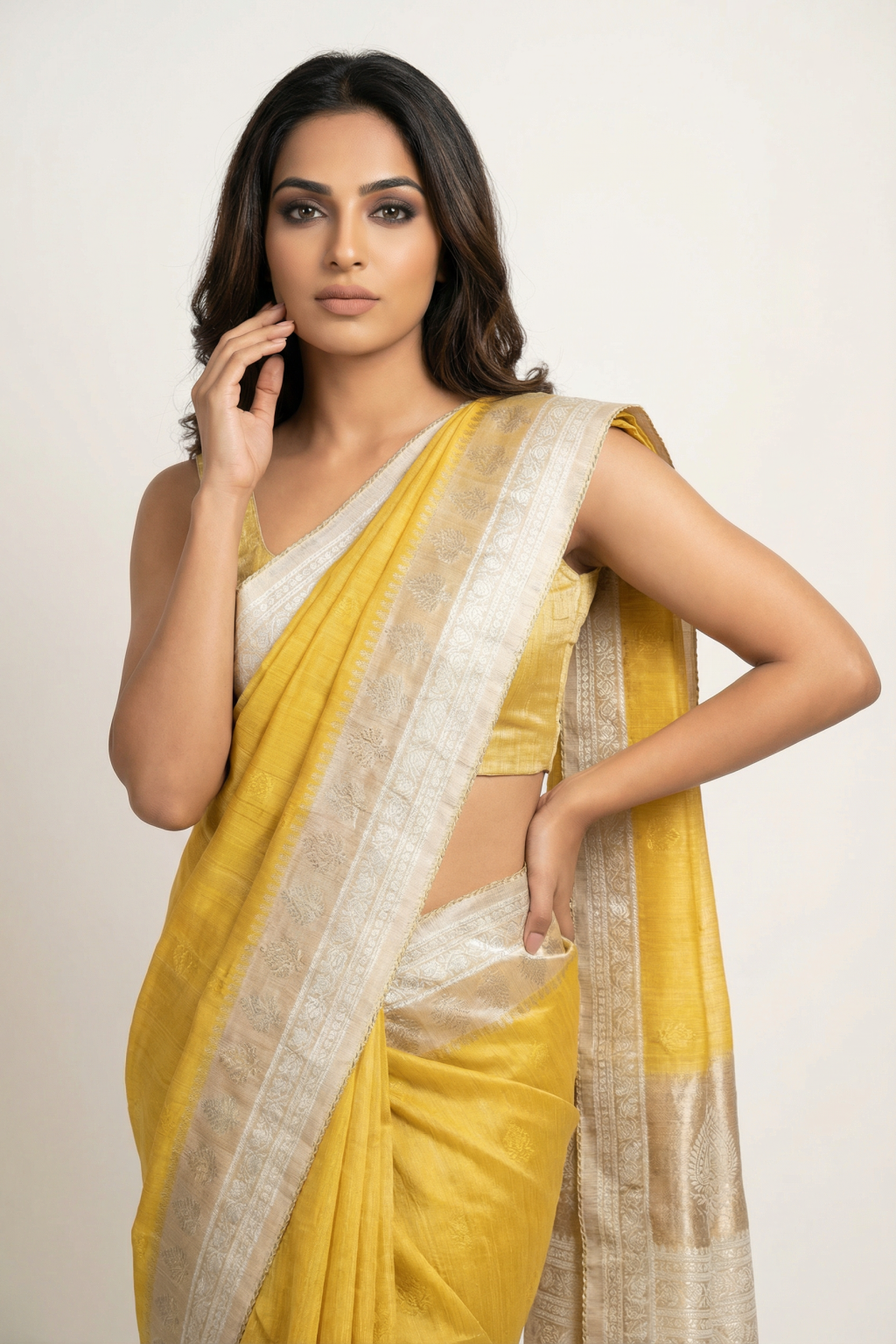 Yellow Linen Tussar Saree with Thread Motifs and Zari Border with Contrast Blouse