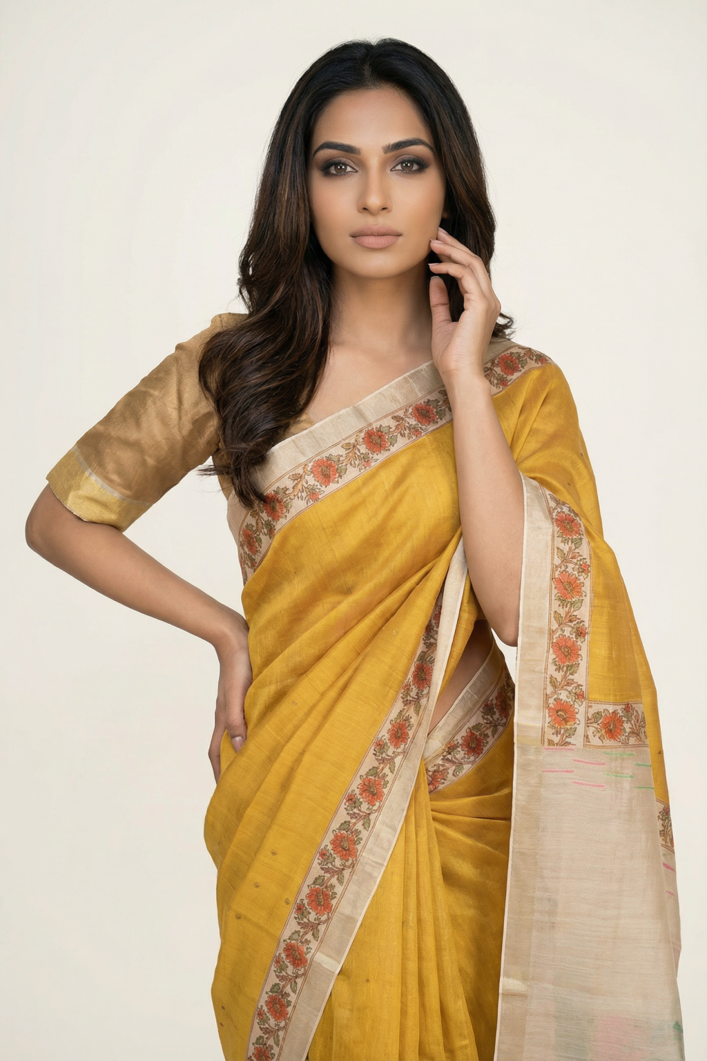 Mustard Yellow Handloom Tussar Silk Saree with Floral Printed Border and Zari