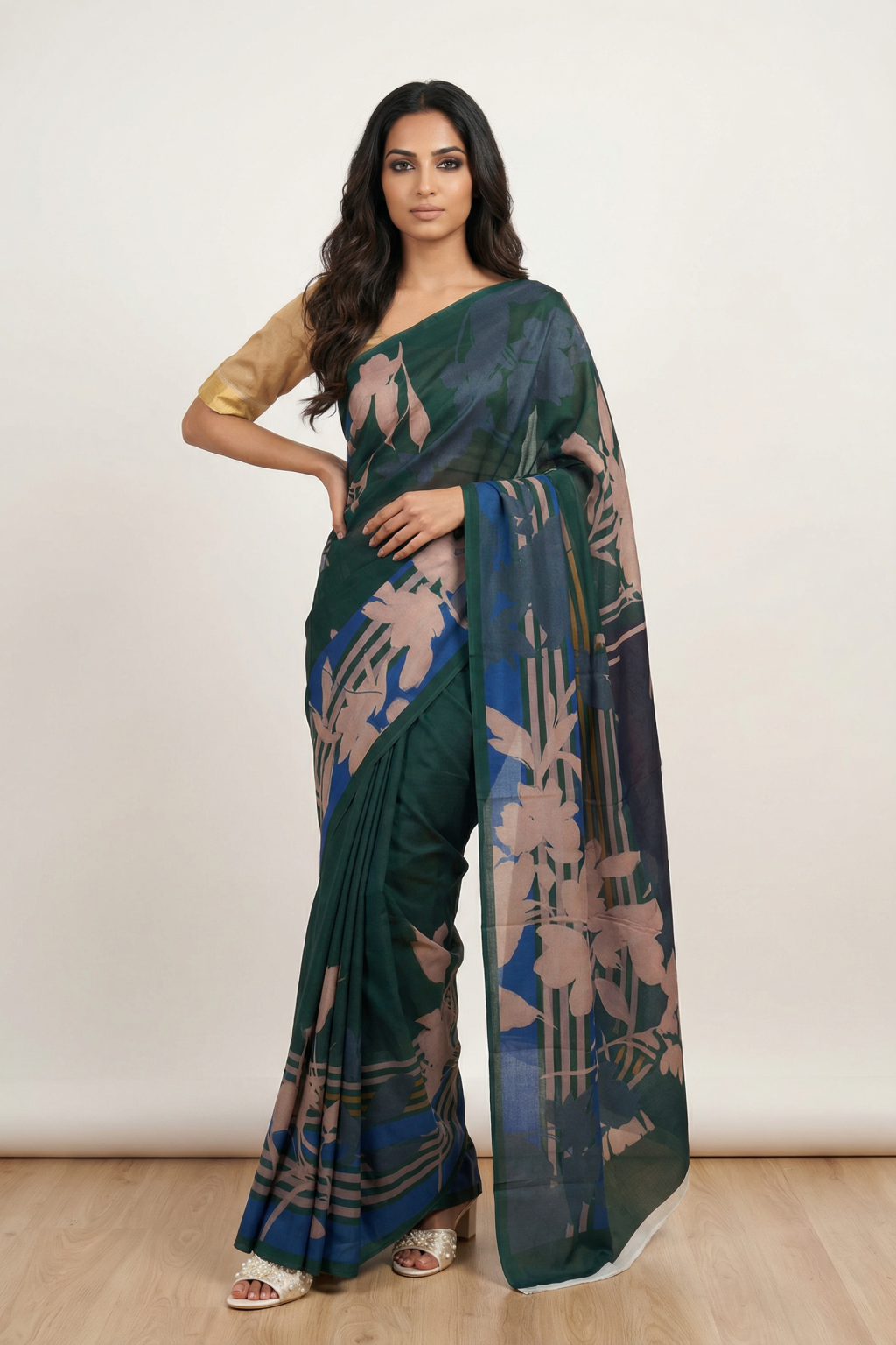 Green Crepe Silk Saree with All-Over Floral Print