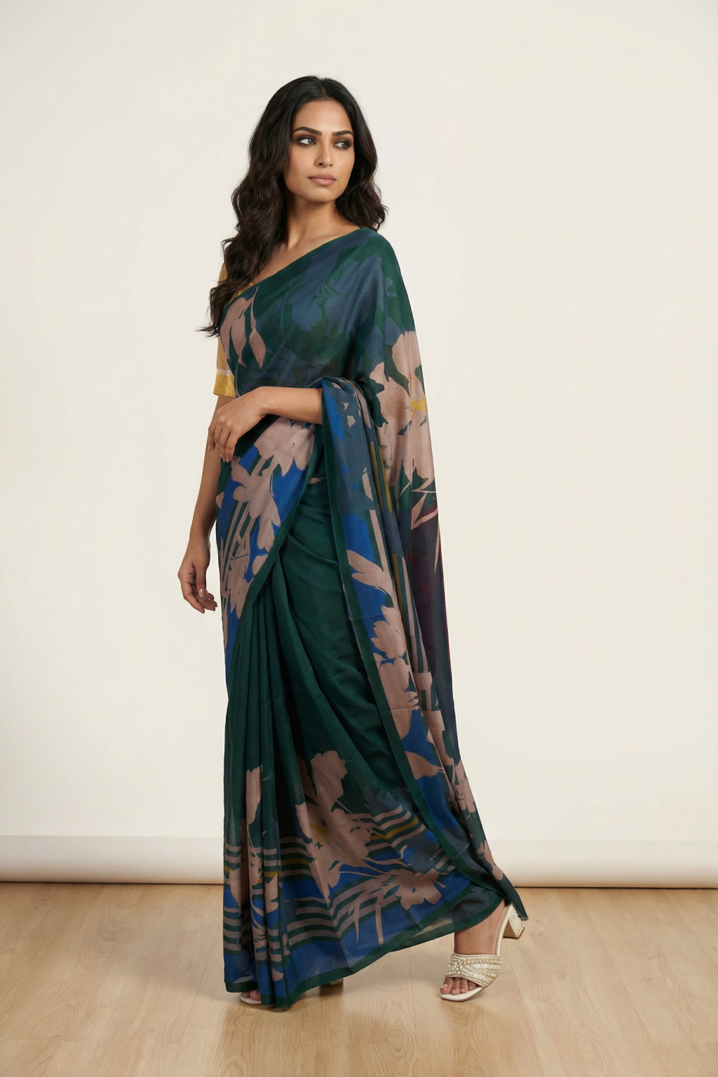 Green Crepe Silk Saree with All-Over Floral Print