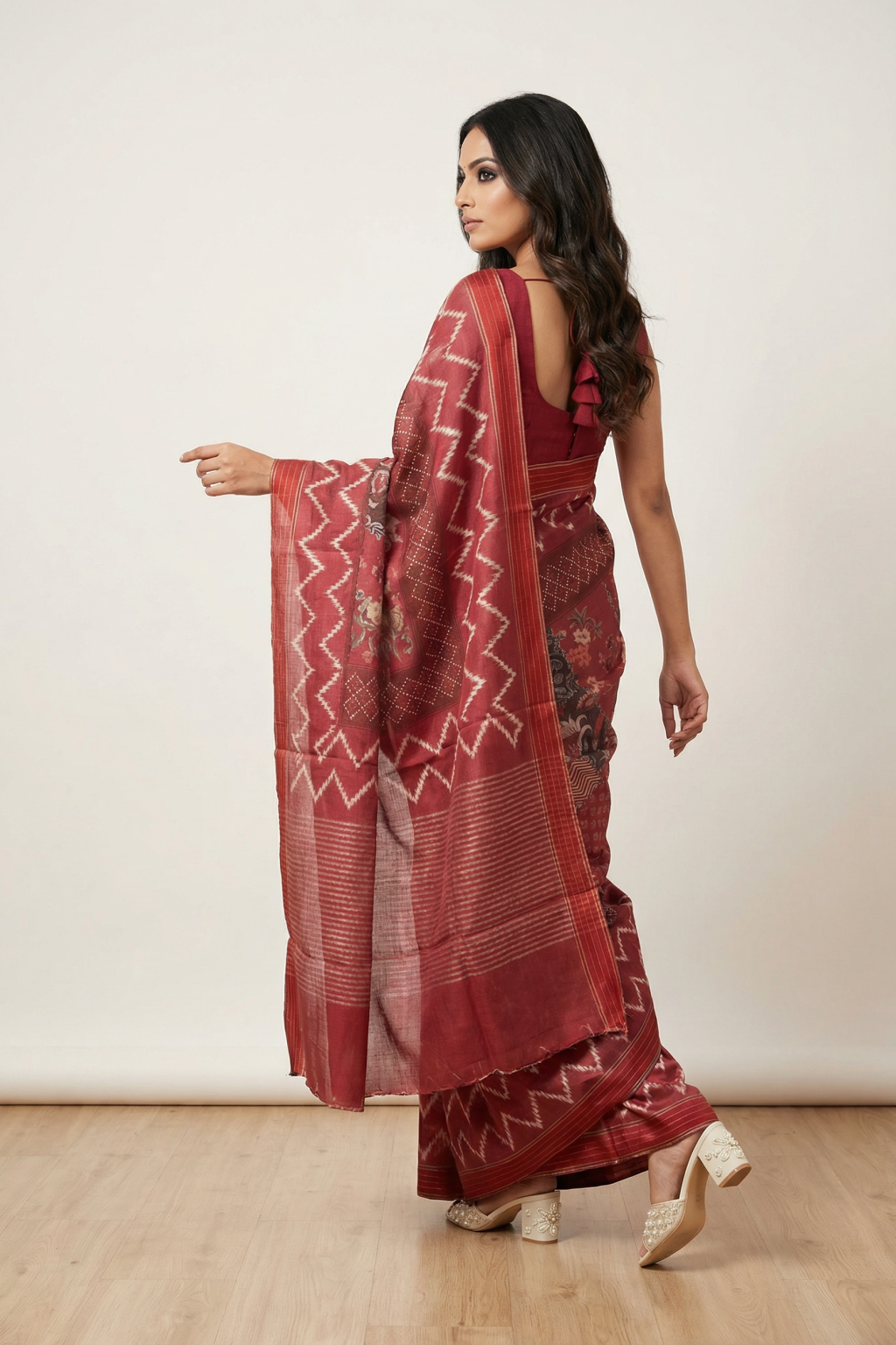 Rust Tussar Silk Saree with All Over Digital Block Print