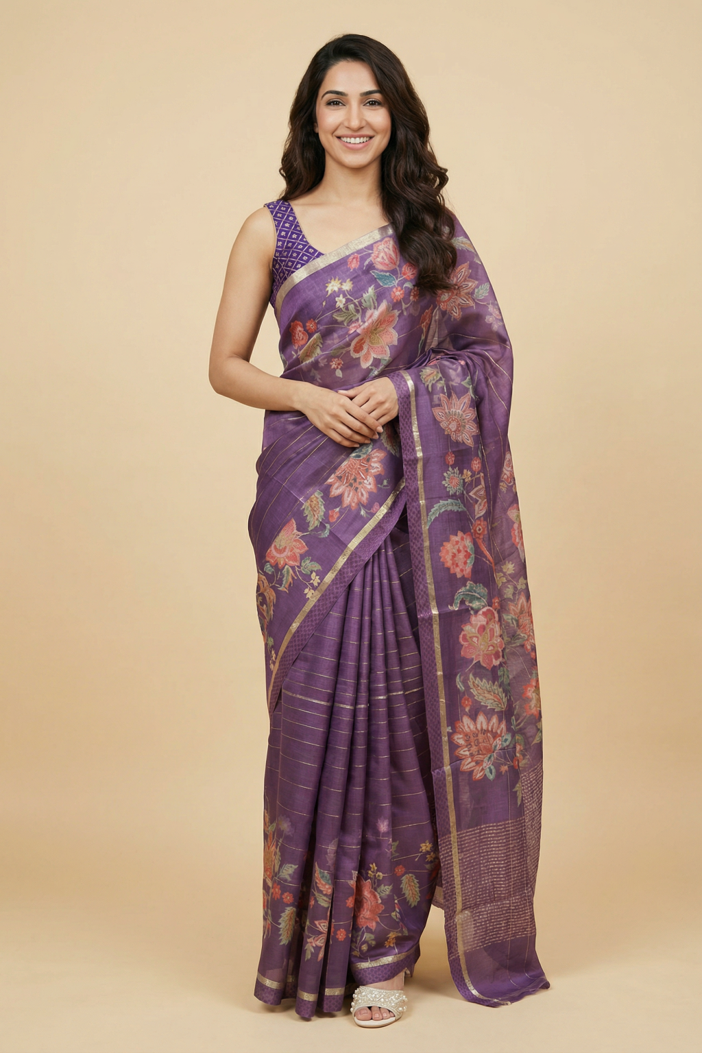 Purple Tussar Silk Saree with All-Over Floral Print