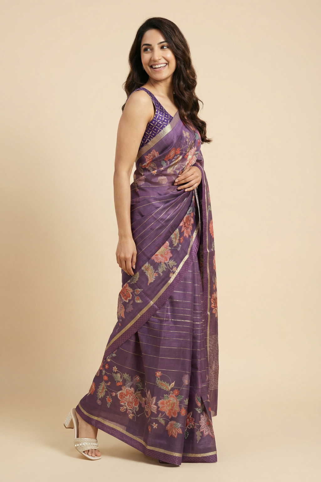 Purple Tussar Silk Saree with All-Over Floral Print