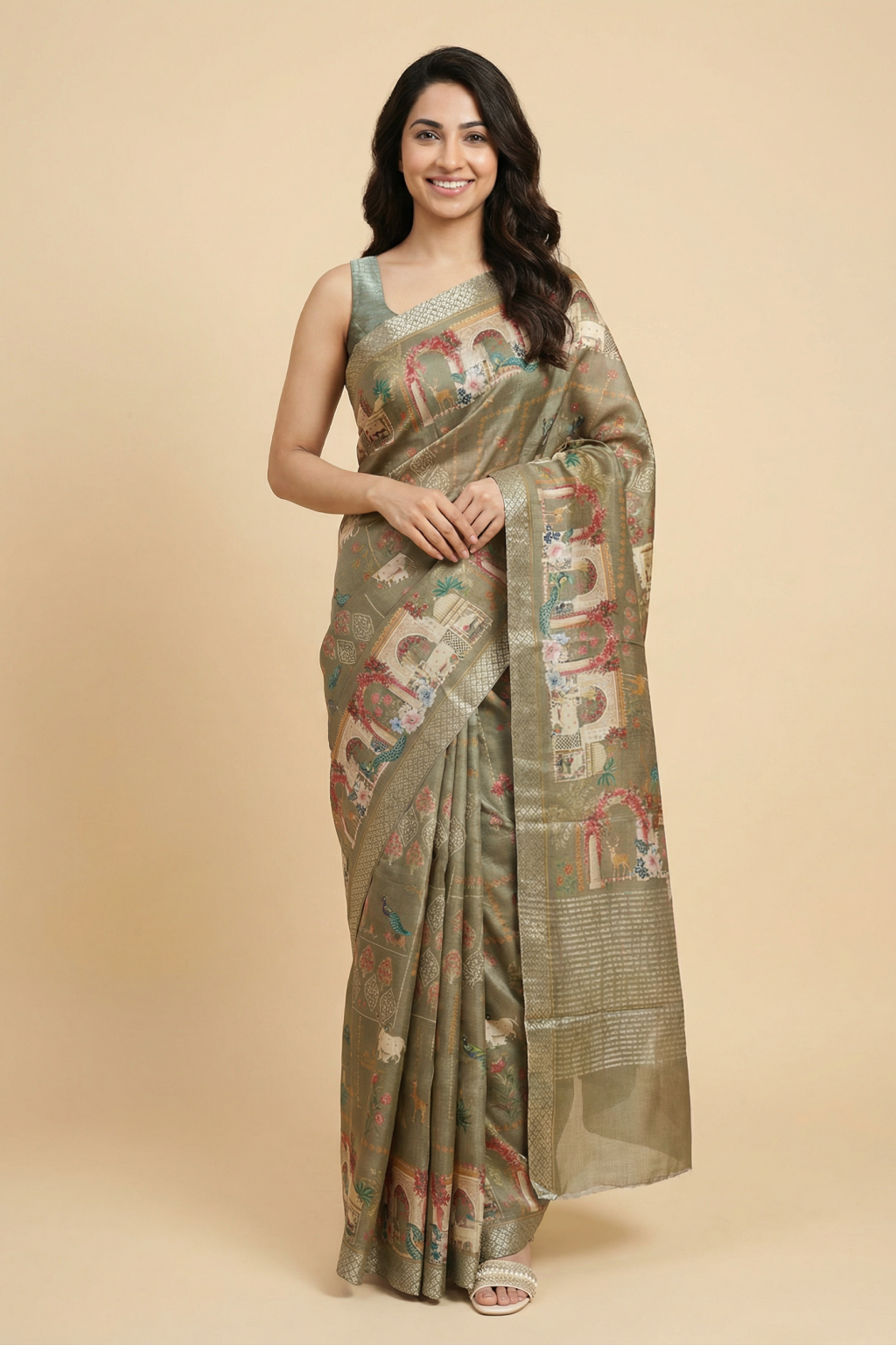Olive Green Tussar Silk Digital Print Saree