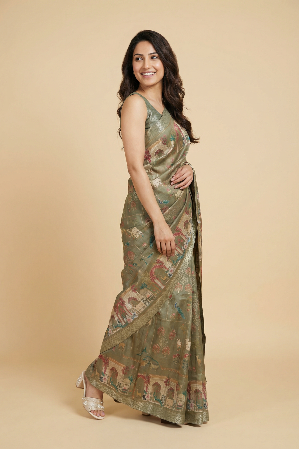 Olive Green Tussar Silk Digital Print Saree