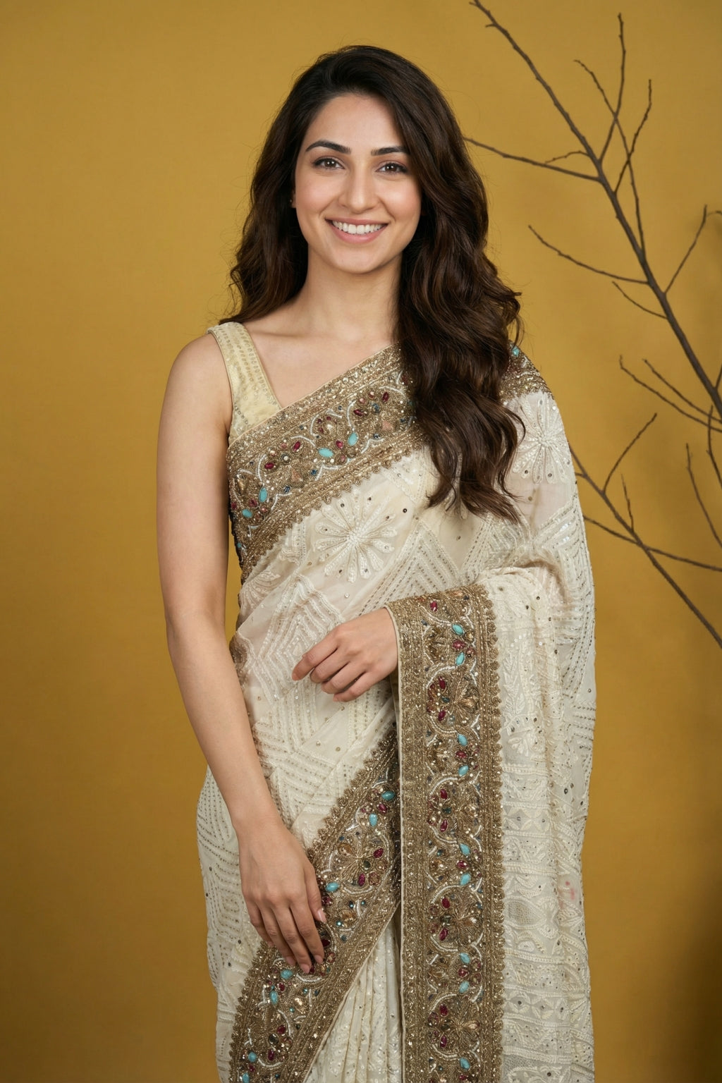 Cream Georgette Saree with Lucknowi Chikankari & Zardozi Border