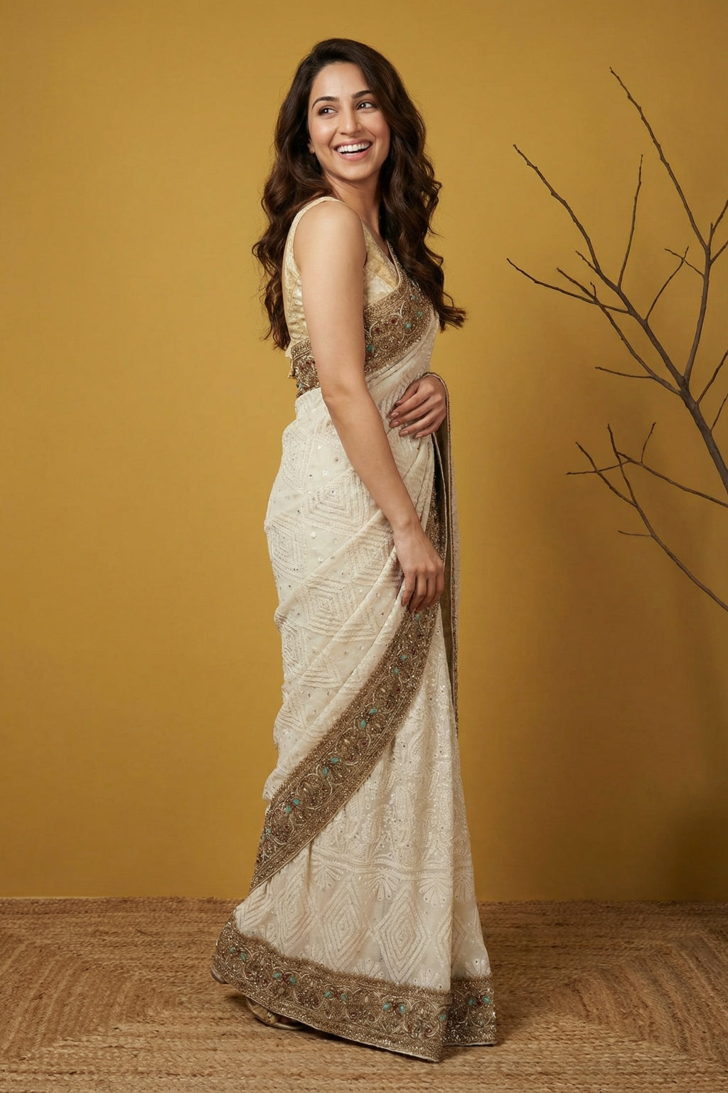 Cream Georgette Saree with Lucknowi Chikankari & Zardozi Border - Mokshaa