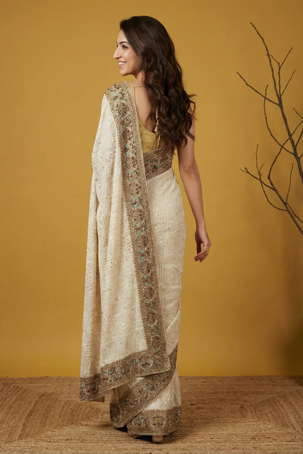 Cream Georgette Saree with Lucknowi Chikankari & Zardozi Border - Mokshaa