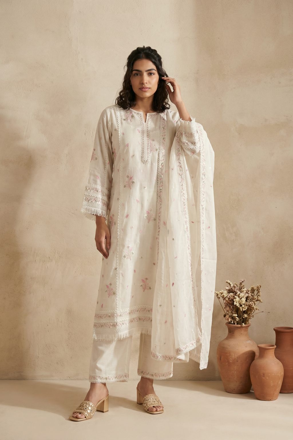 White Mul Cotton Straight Cut Salwar Set with Multicolour Thread Work - Mokshaa