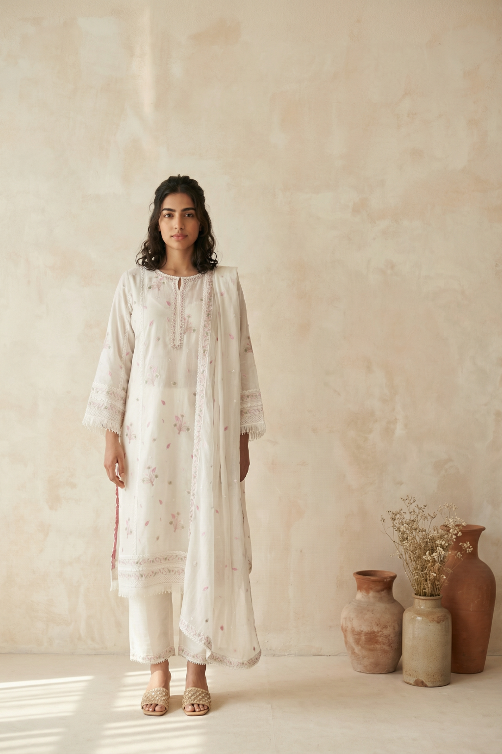 White Mul Cotton Straight Cut Salwar Set with Multicolour Thread Work