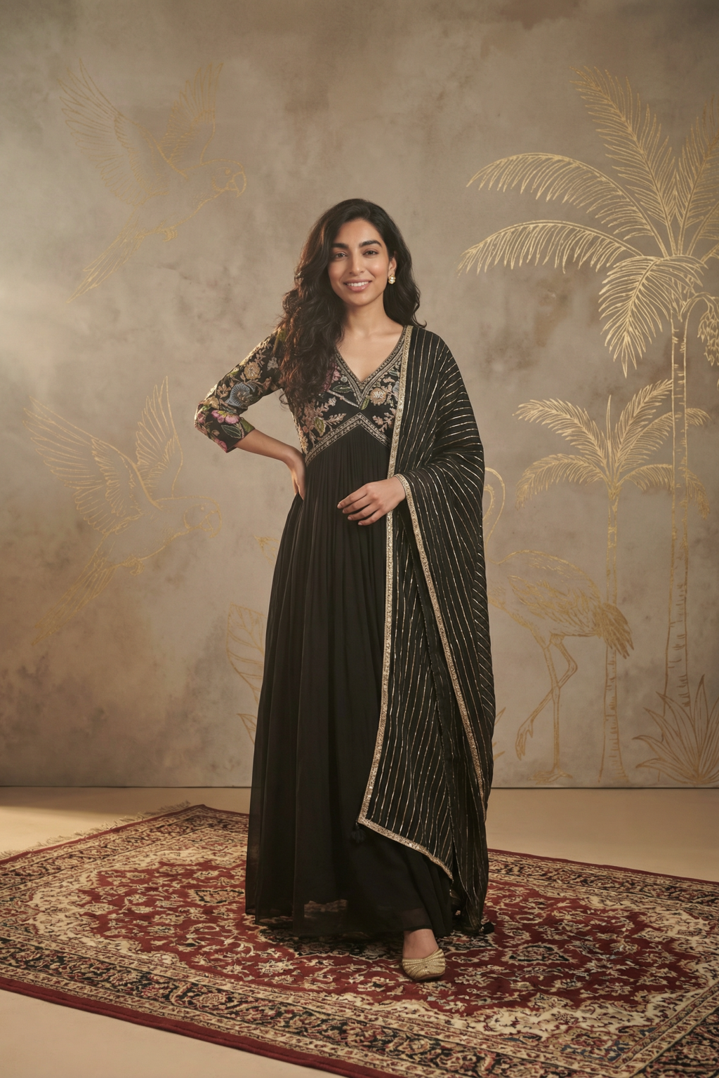 Black Georgette Anarkali Set with Printed Floral Work & Sequin Highlights - Mokshaa