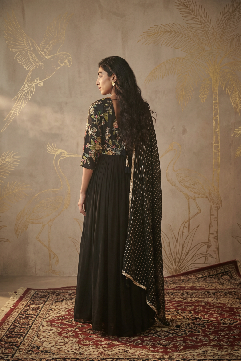 Black Georgette Anarkali Set with Printed Floral Work & Sequin Highlights - Mokshaa