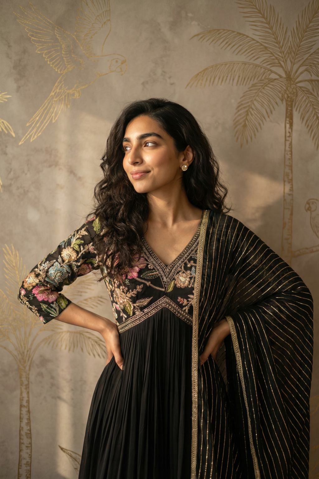 Black Georgette Anarkali Set with Printed Floral Work & Sequin Highlights