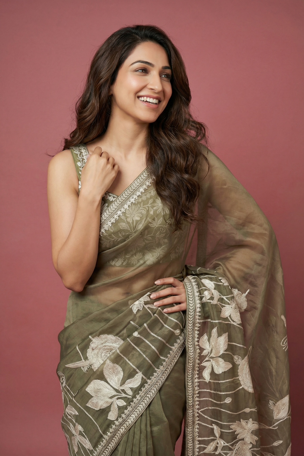 Dusty Brown Embroidered Organza Saree - Mokshaa