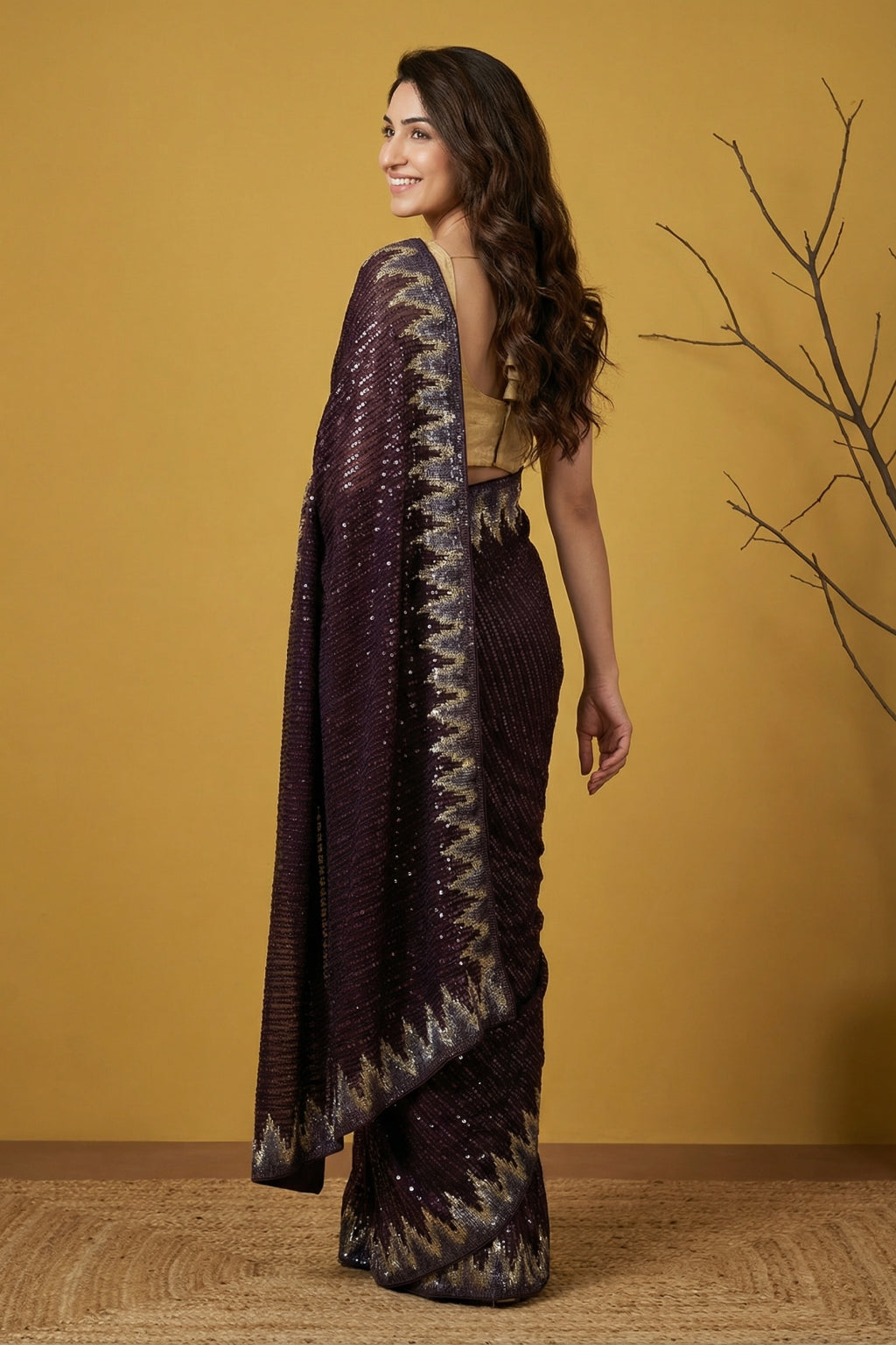 Dark Wine Georgette Saree with All-Over Sequins Work - Mokshaa