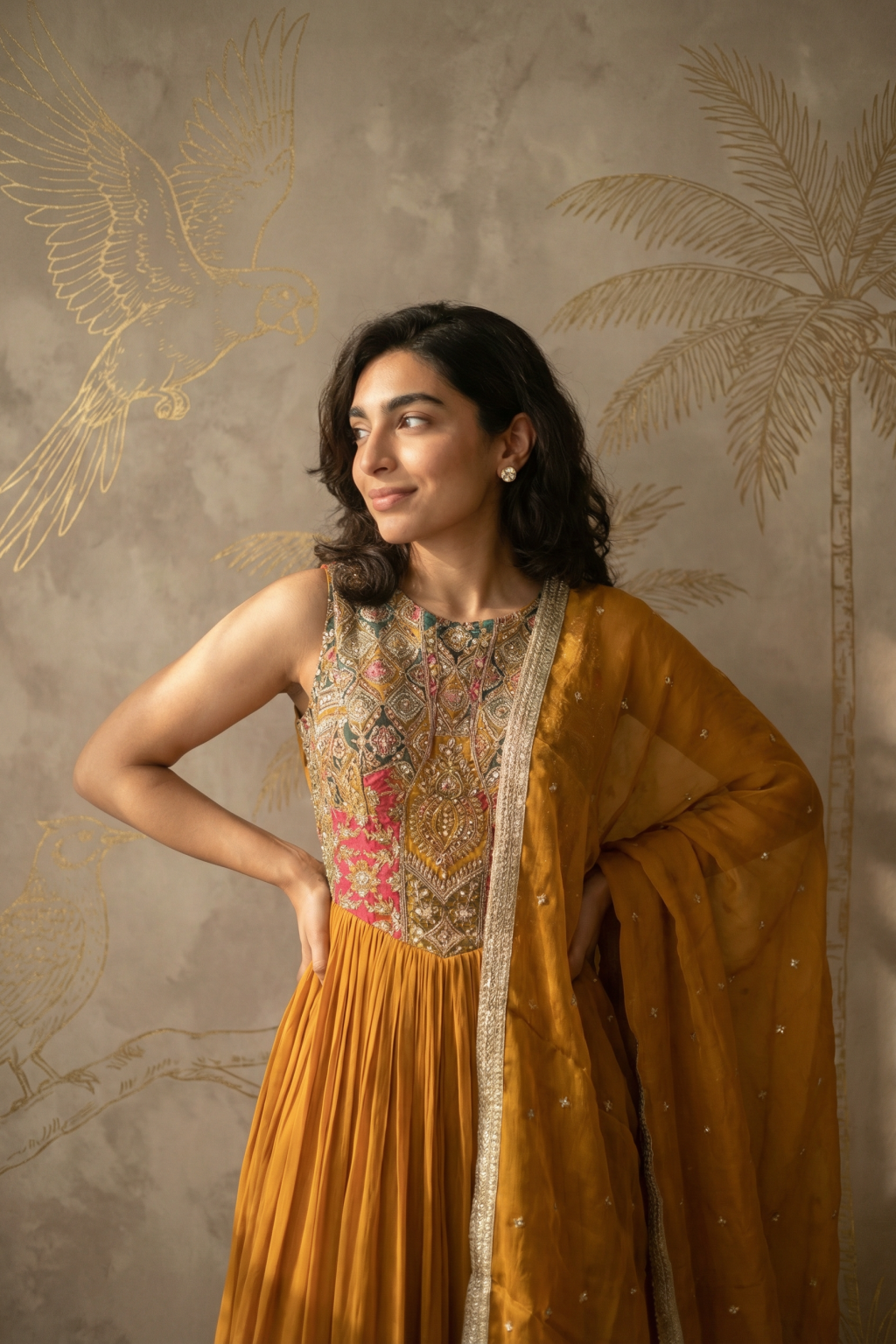 Mustard Georgette Anarkali with Organza Dupatta