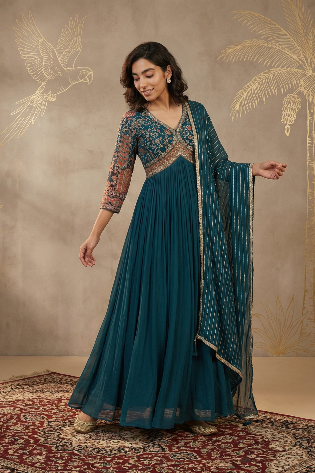 Teal Green Georgette Anarkali Set with Embroidered Dupatta - Mokshaa