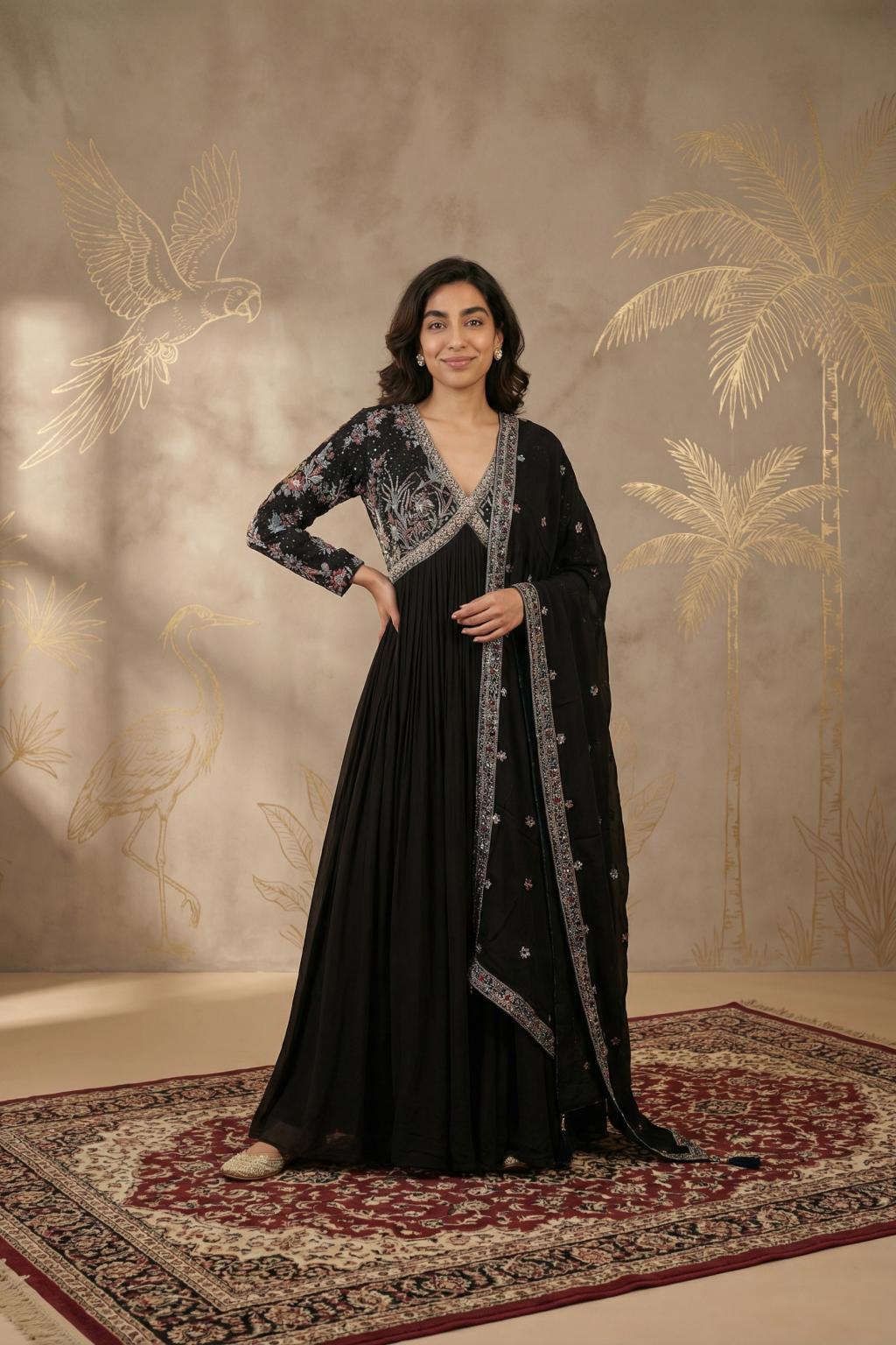 Black Georgette Anarkali Set with Multicolour Embroidery - Mokshaa