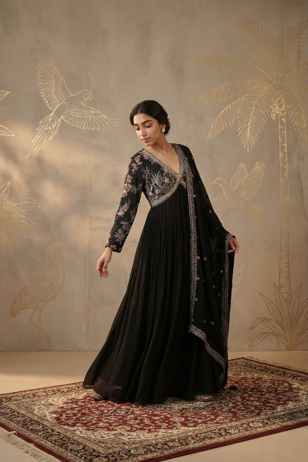 Black Georgette Anarkali Set with Multicolour Embroidery - Mokshaa