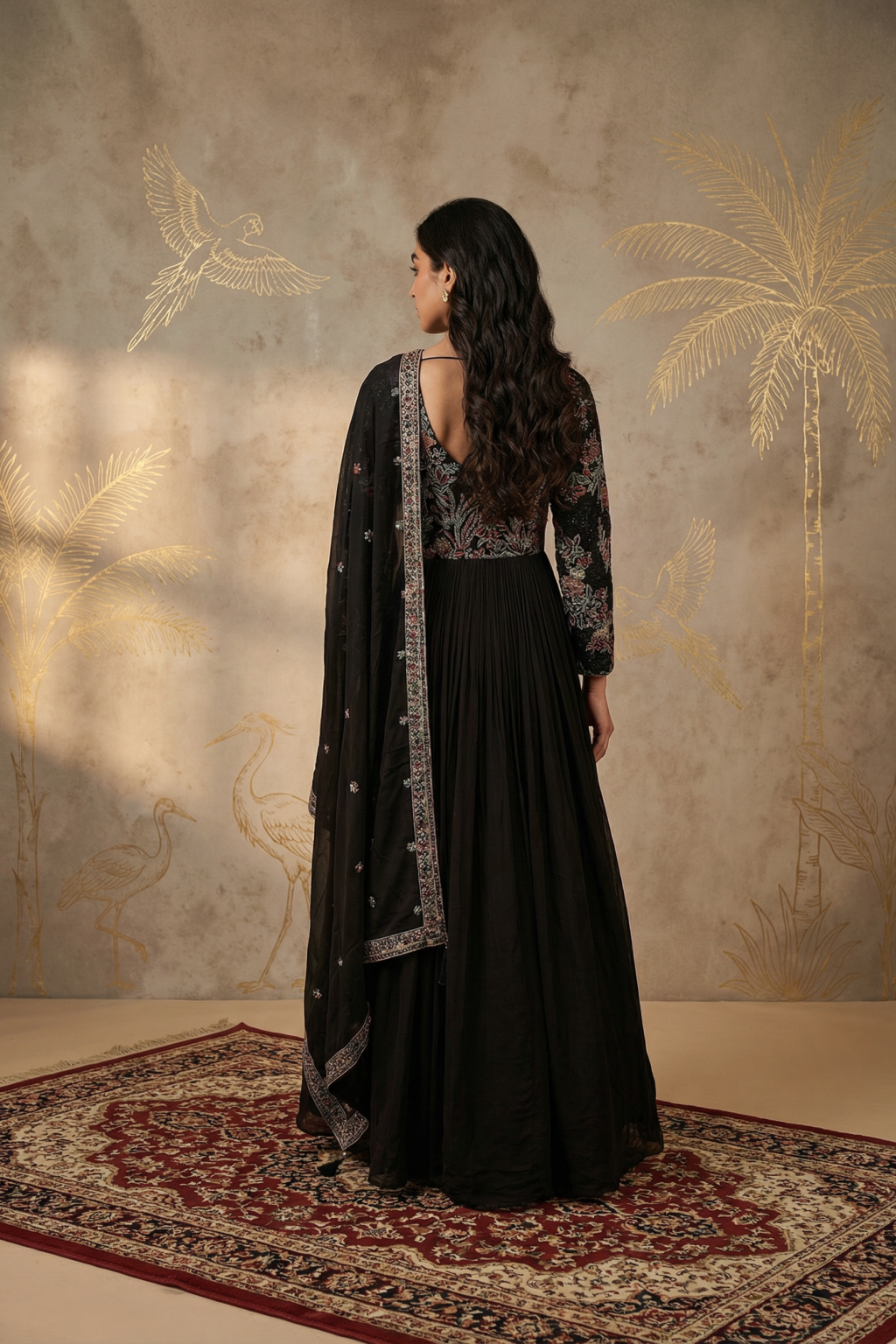 Black Georgette Anarkali Set with Multicolour Embroidery - Mokshaa