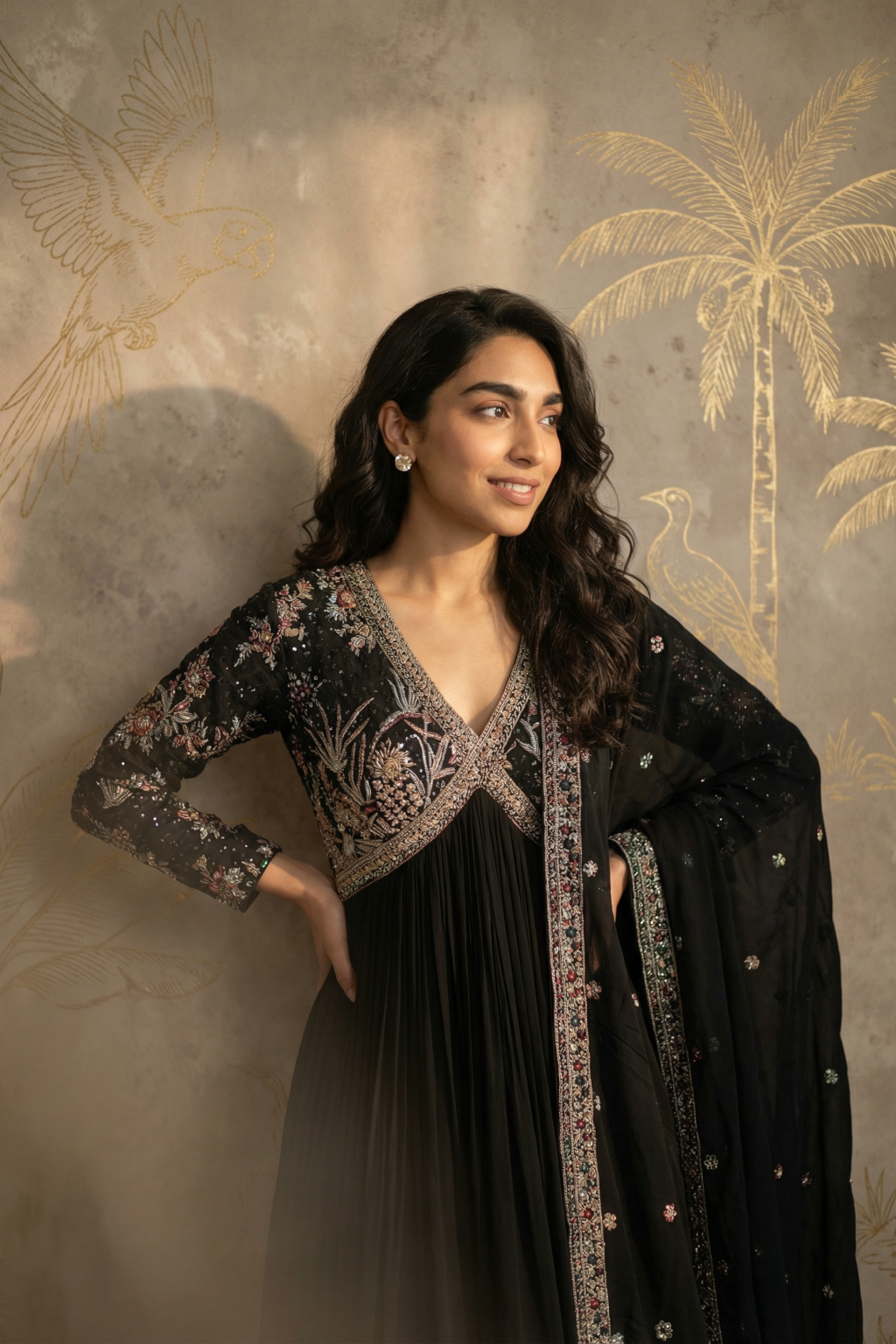 Black Georgette Anarkali Set with Multicolour Embroidery