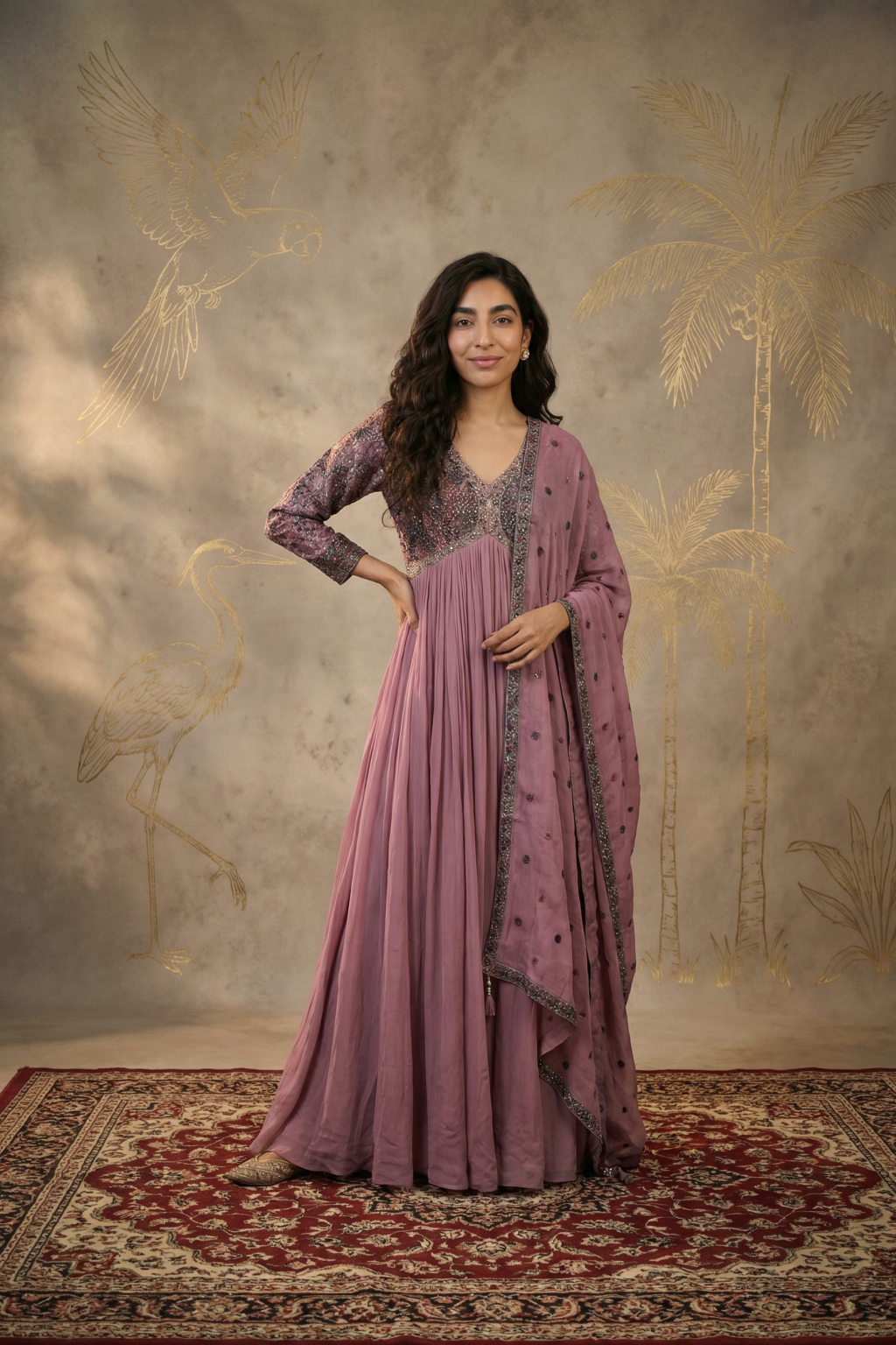 Dusty Pink Georgette Anarkali Set with Multicolour Thread & Sequin Embroidery - Mokshaa