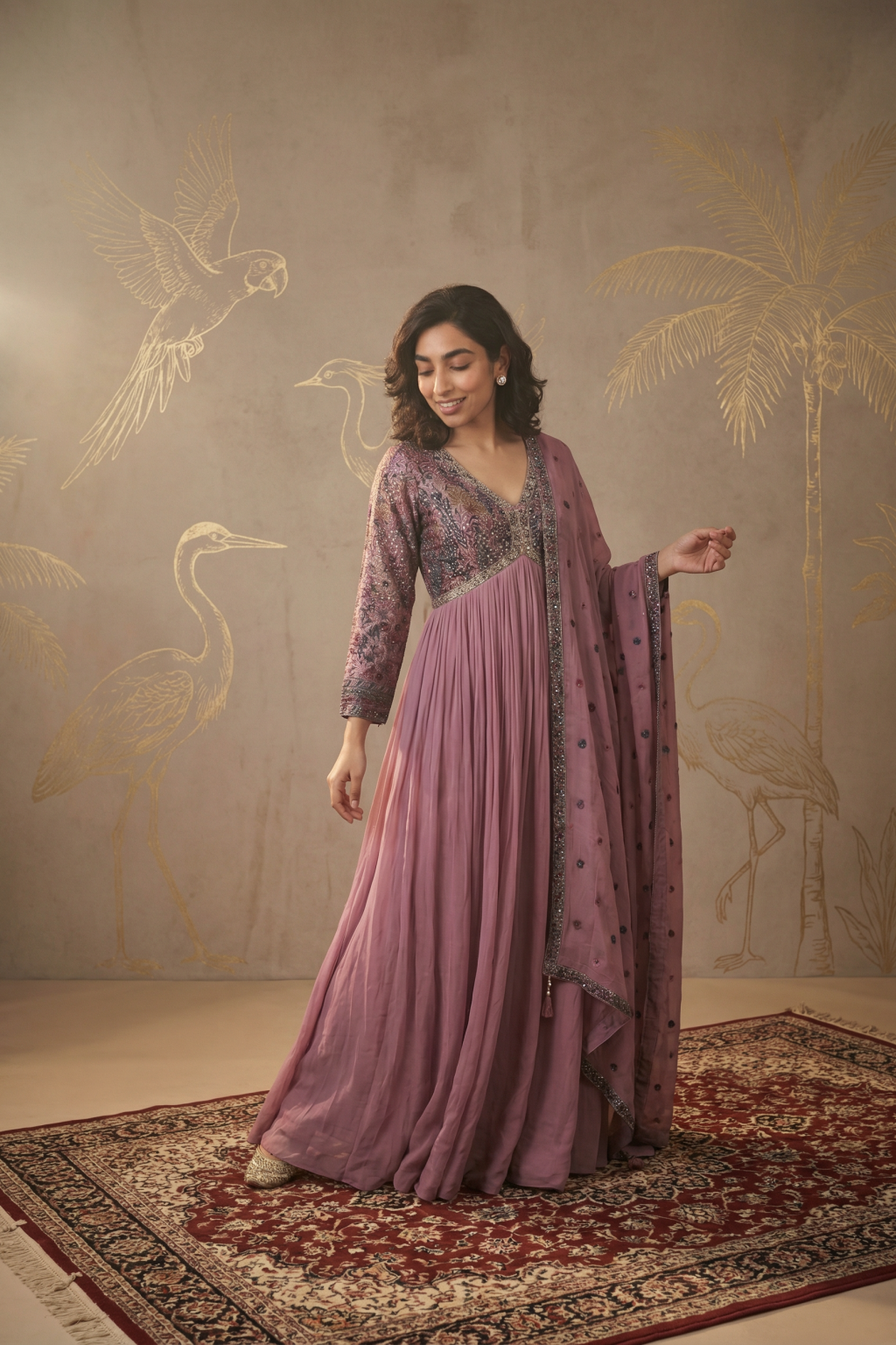 Dusty Pink Georgette Anarkali Set with Multicolour Thread & Sequin Embroidery - Mokshaa