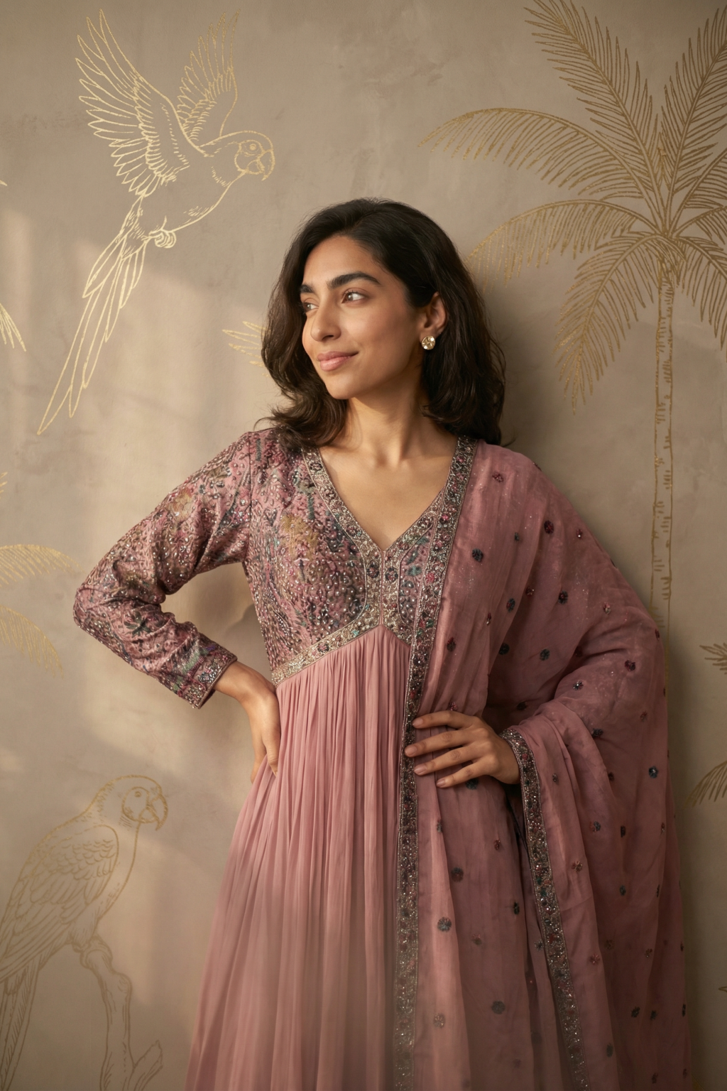 Dusty Pink Georgette Anarkali Set with Multicolour Thread & Sequin Embroidery